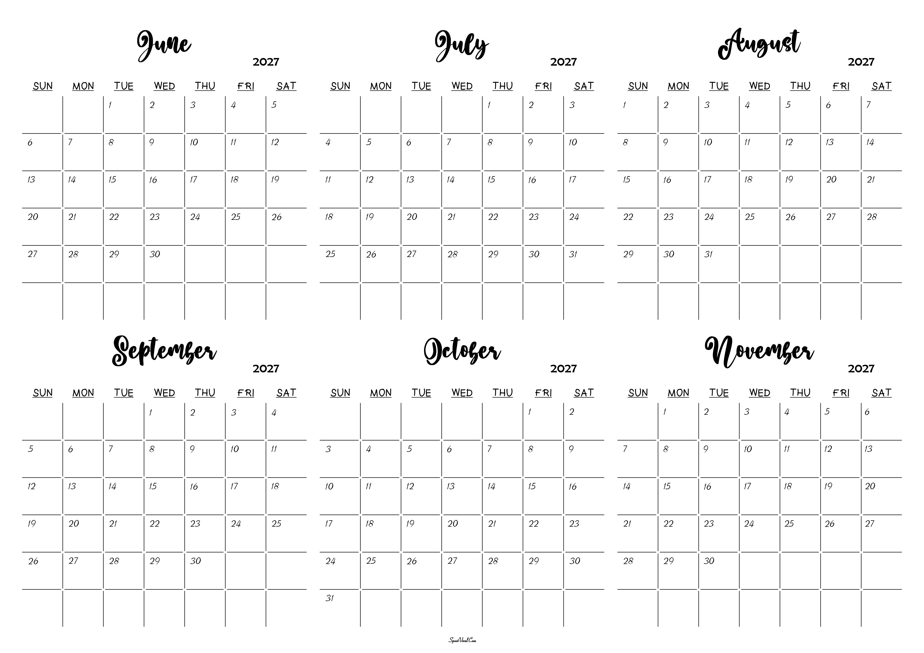 June to November 2027 Calendar