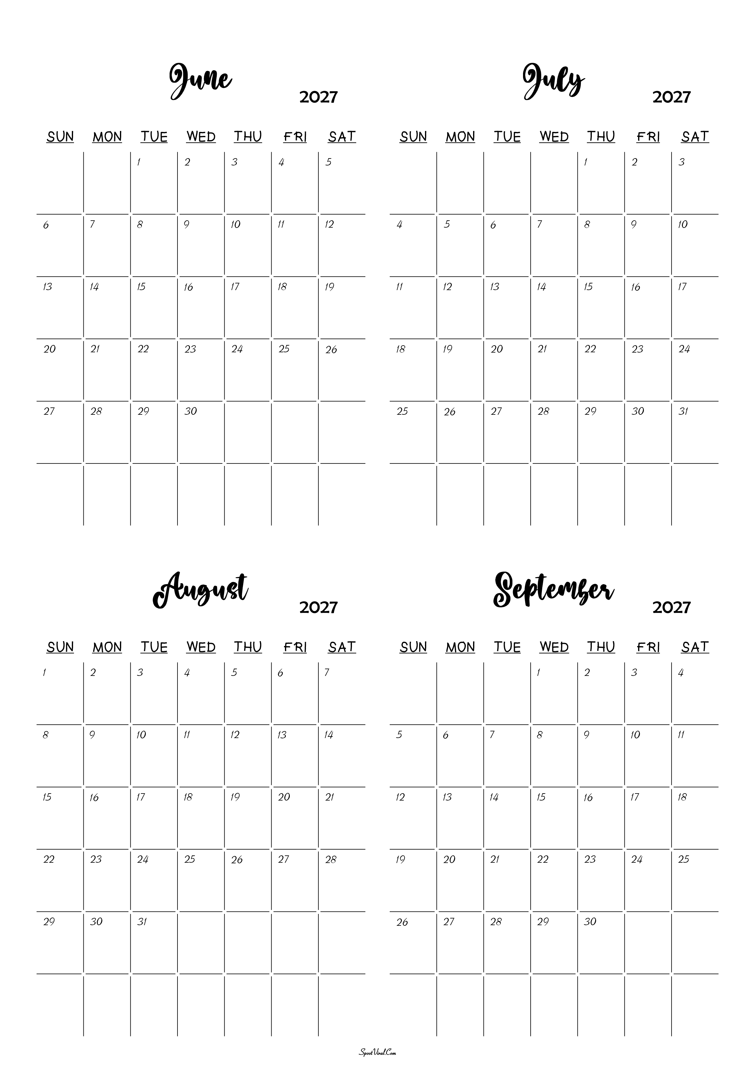 June to September 2027 Calendar