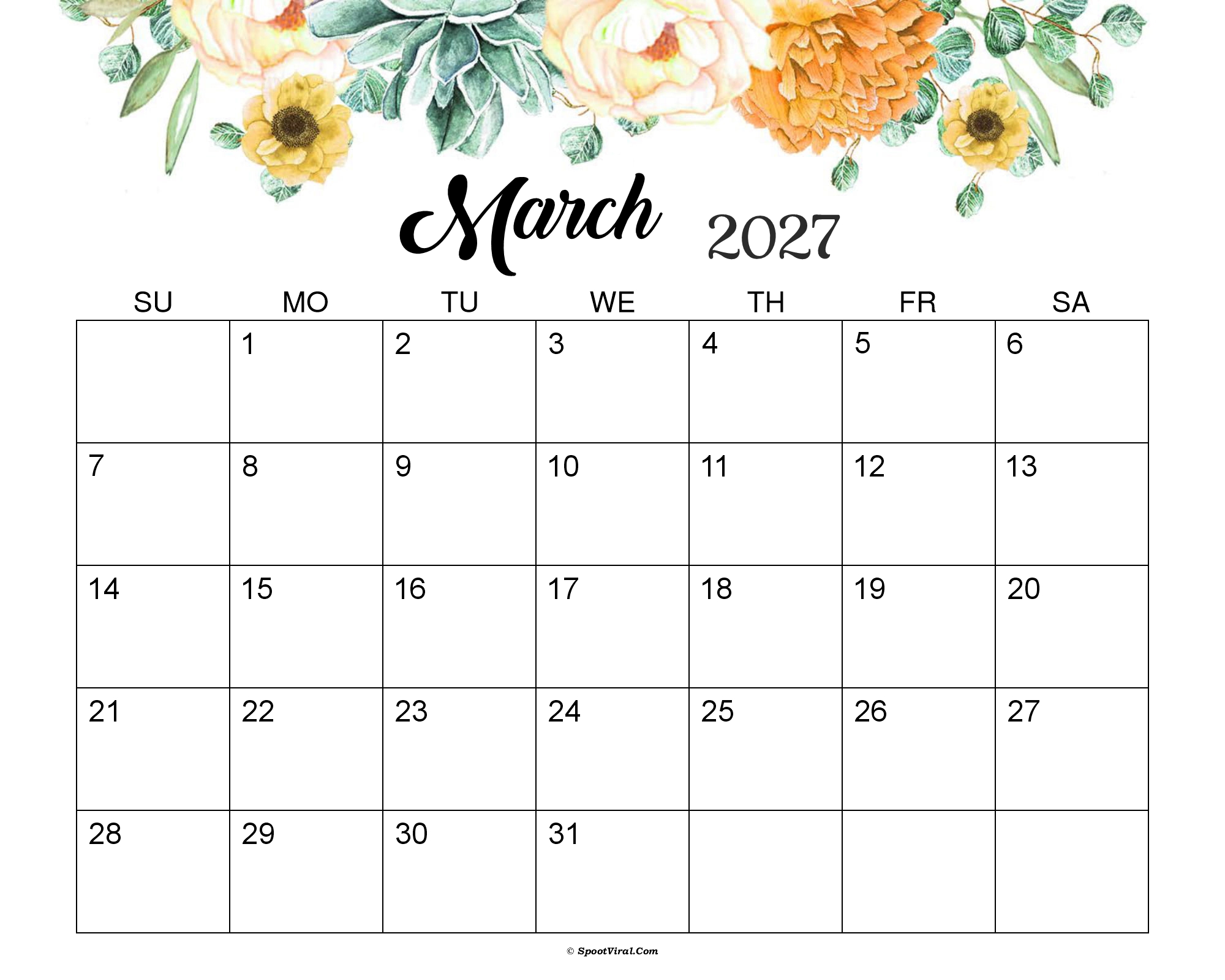 March 2027 Calendar Cute