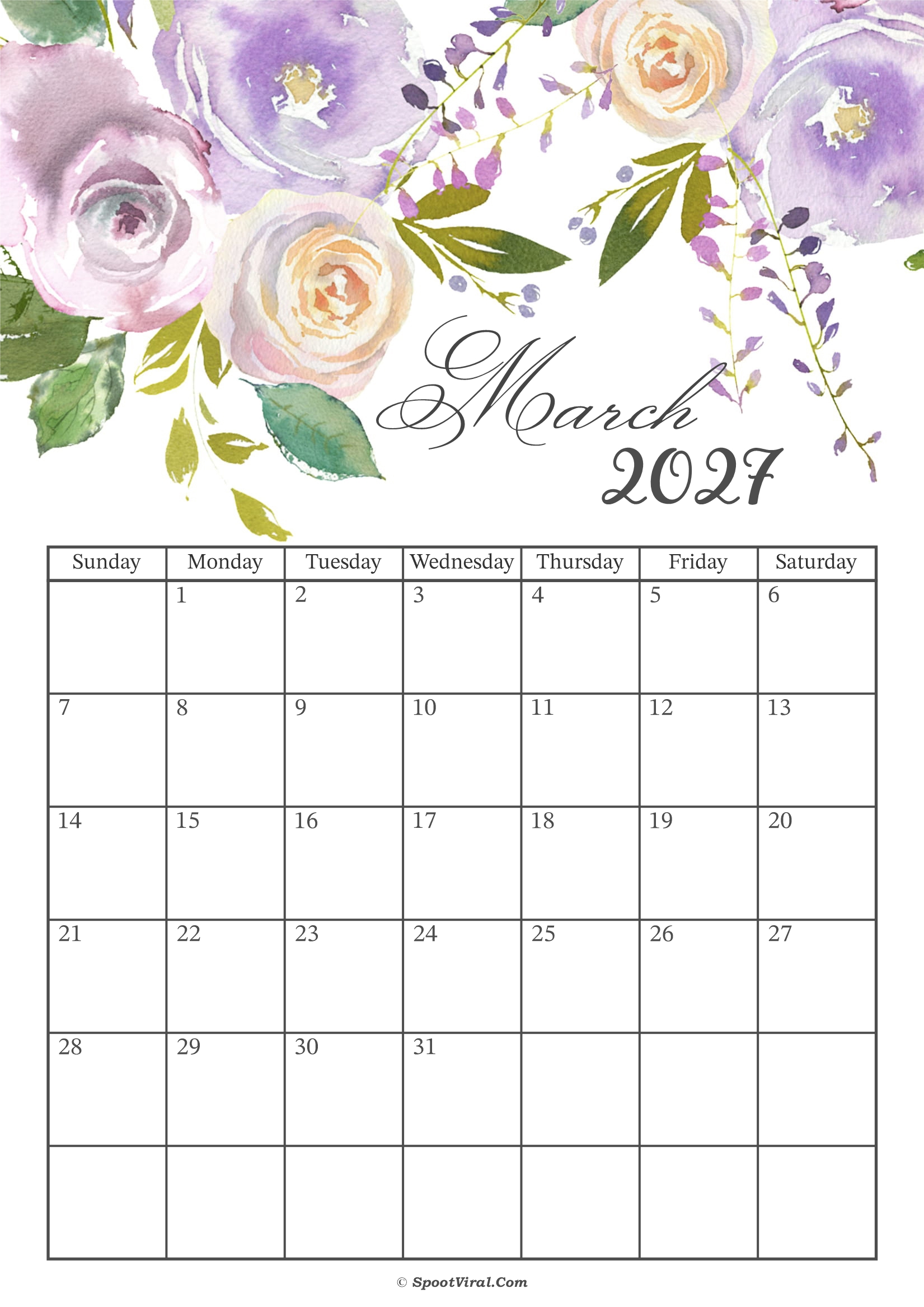 March 2027 Calendar Floral