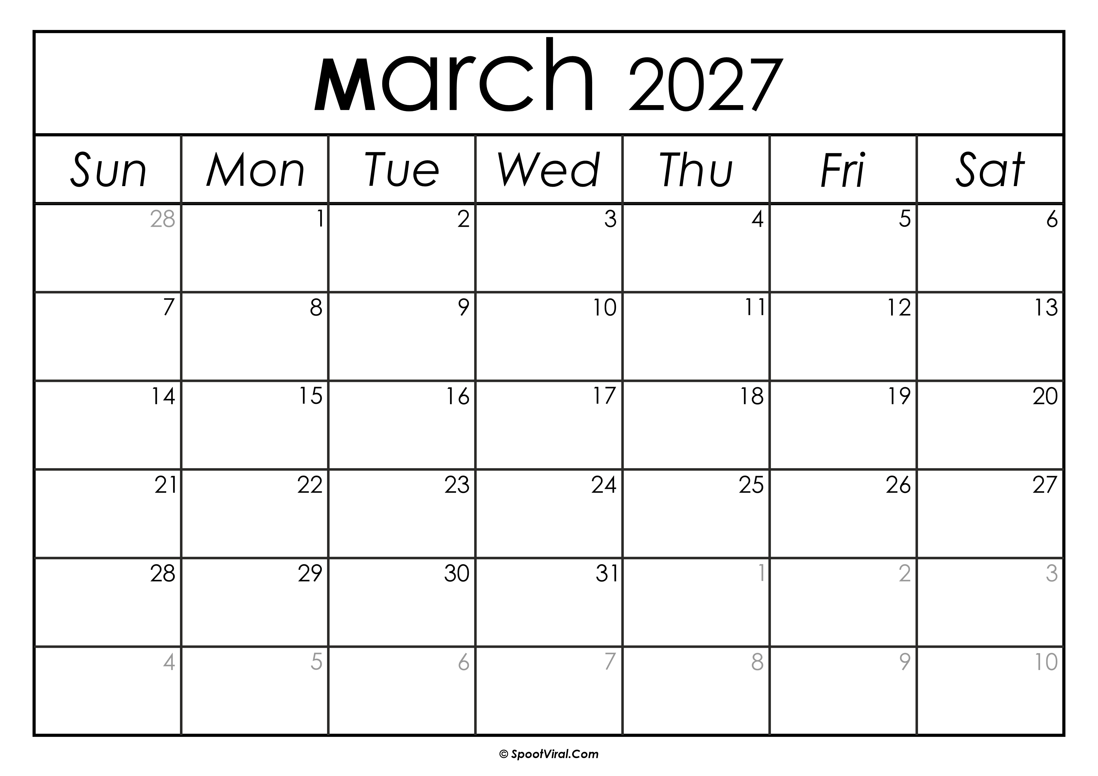 March 2027 Calendar Printable