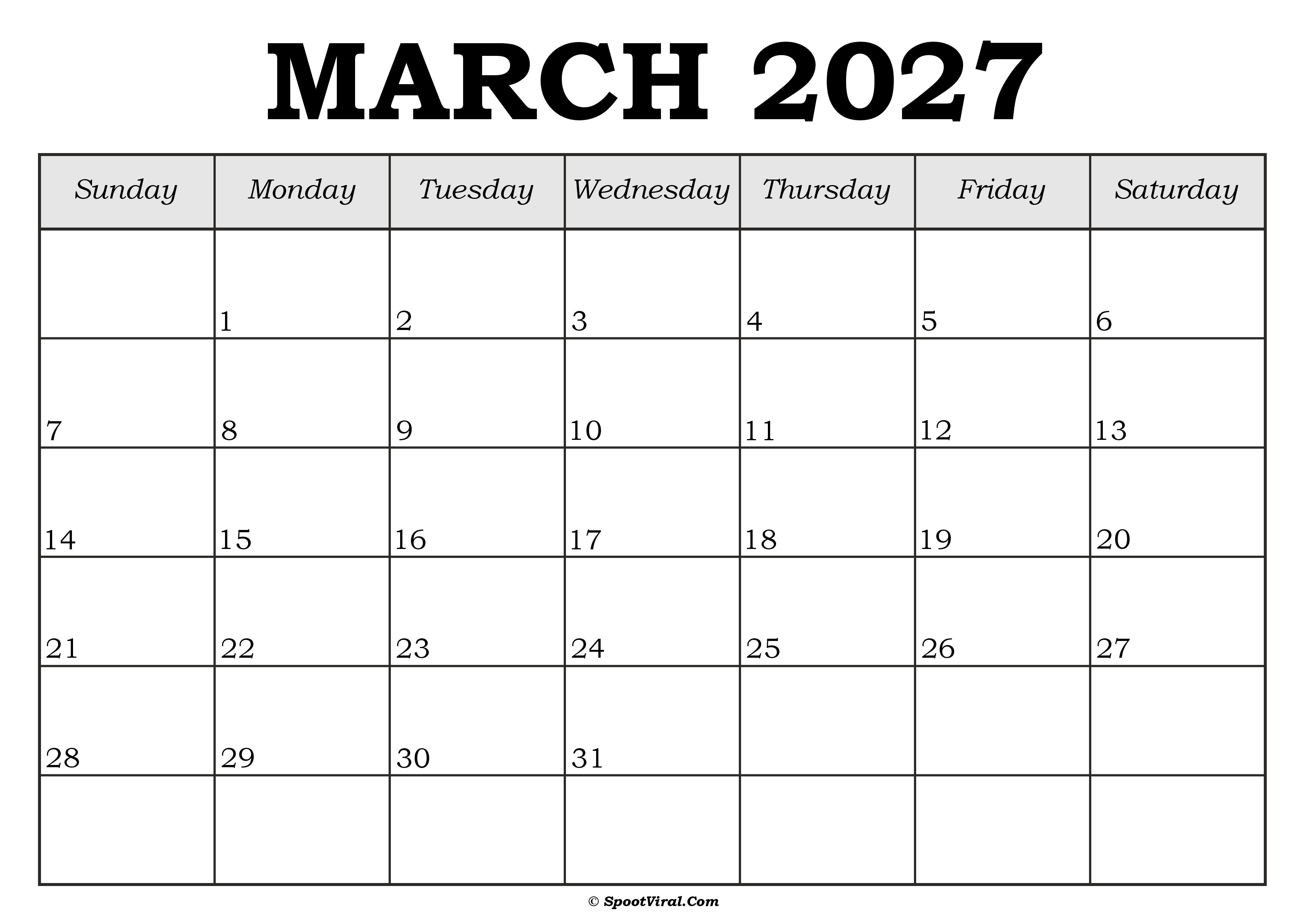 March 2027 Calendar Template