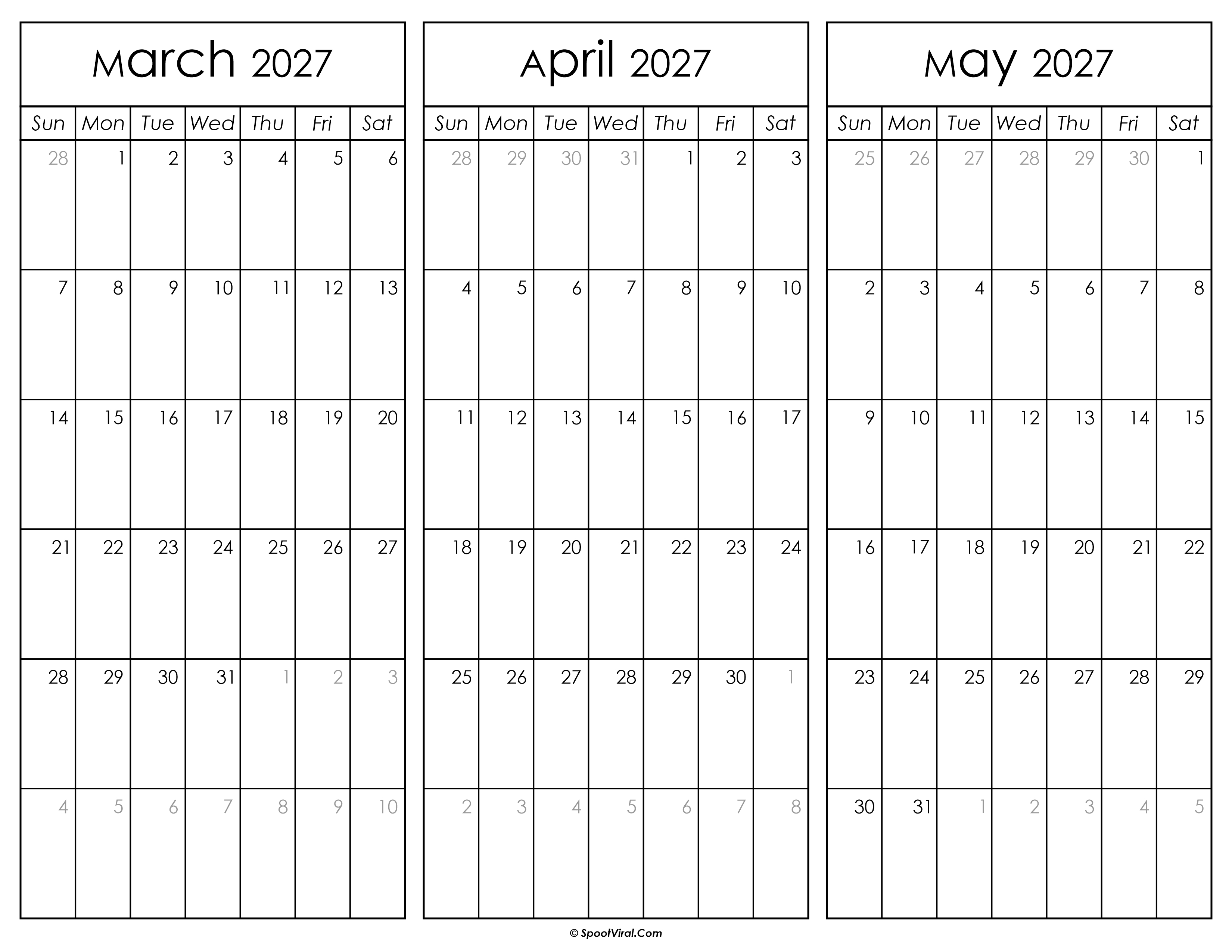 March April and May Calendar 2027