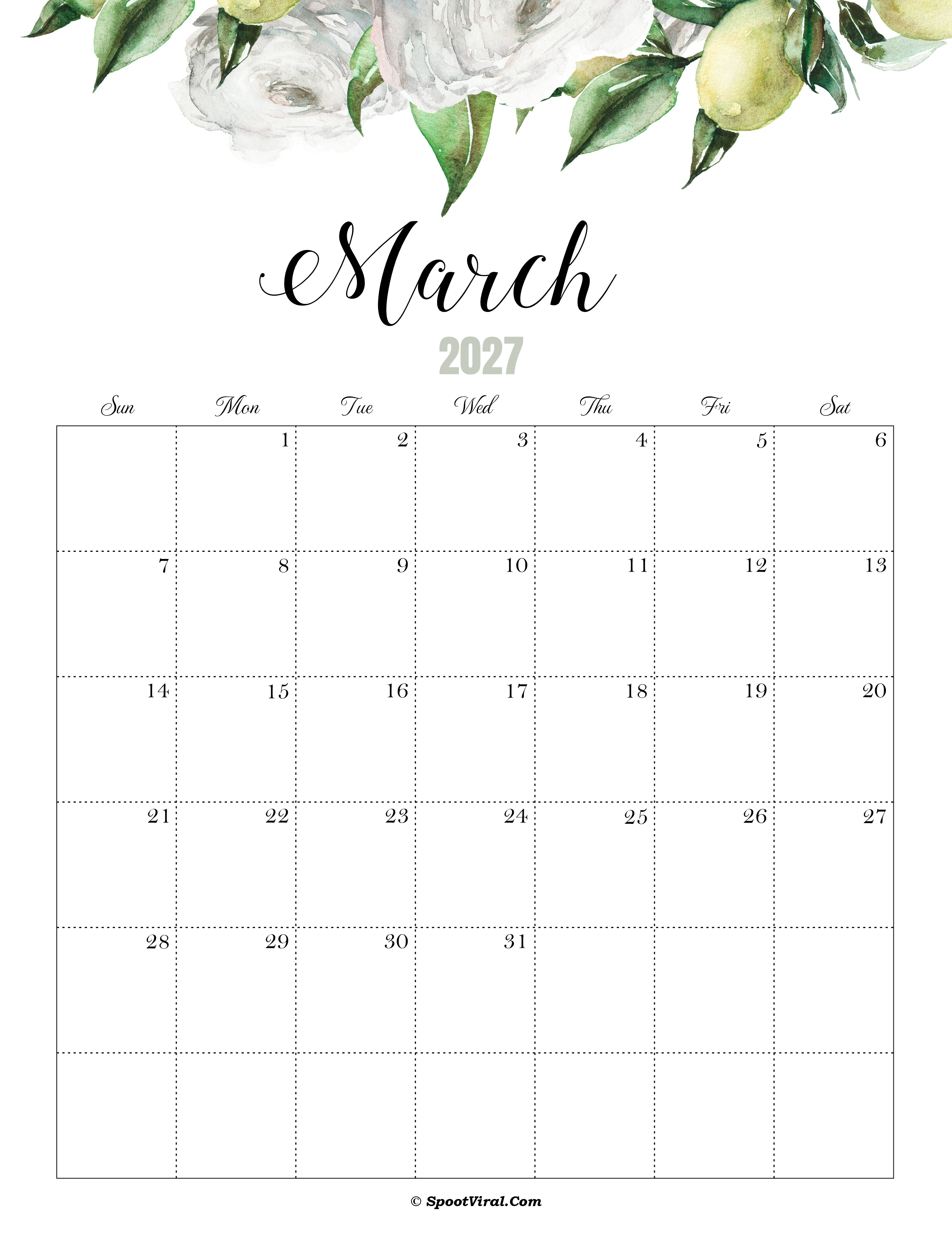 March Calendar 2027 Cute