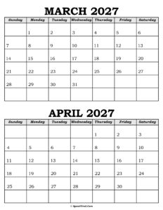 March and April Calendar 2027