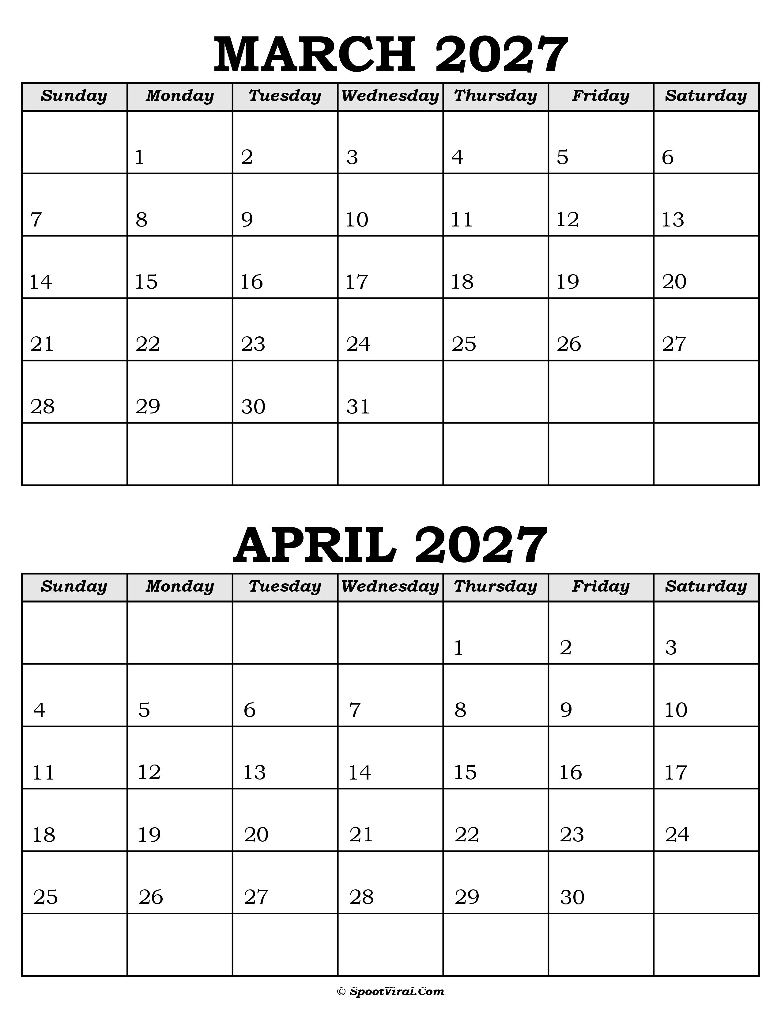 March and April Calendar 2027