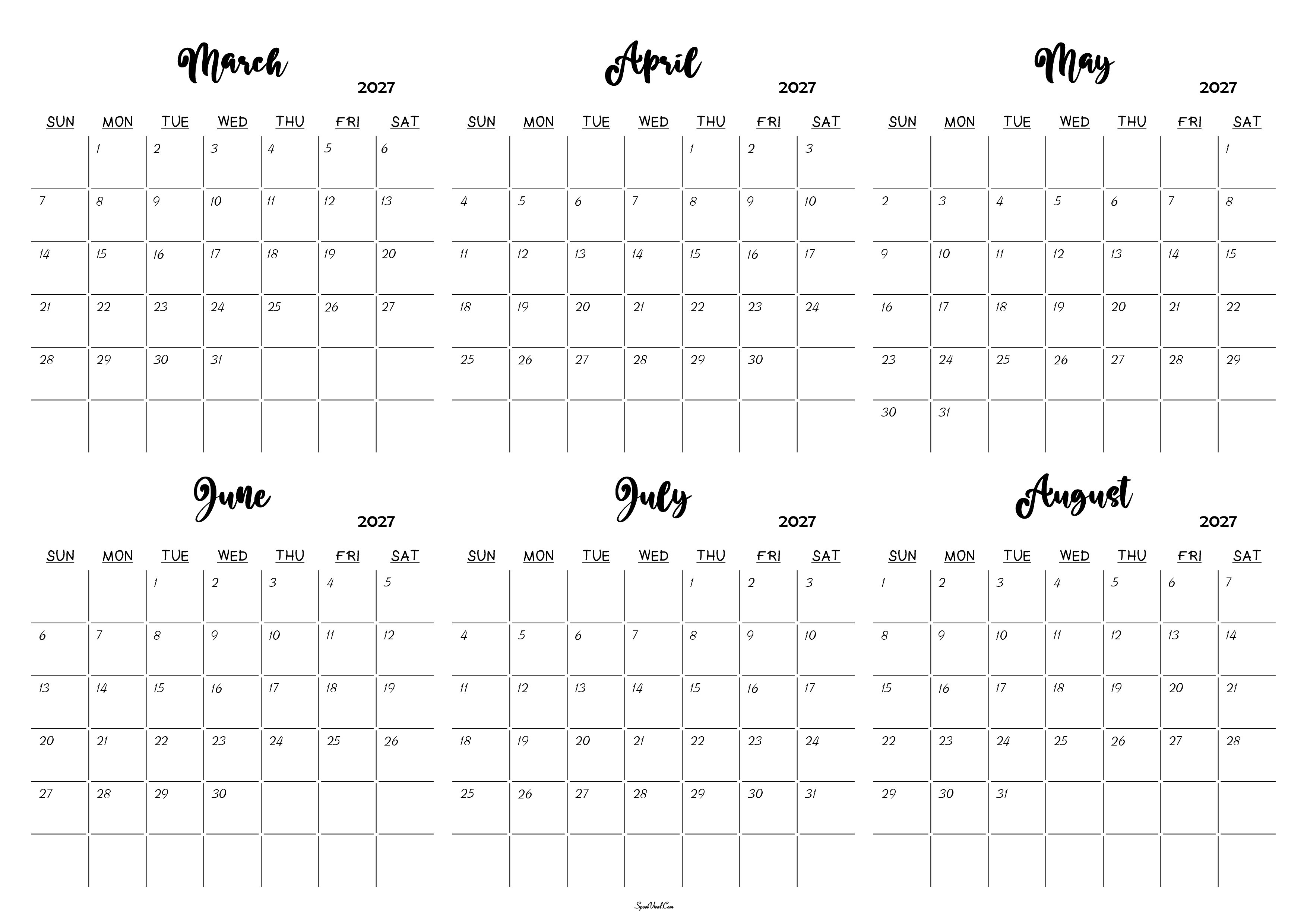 March to August 2027 Calendar