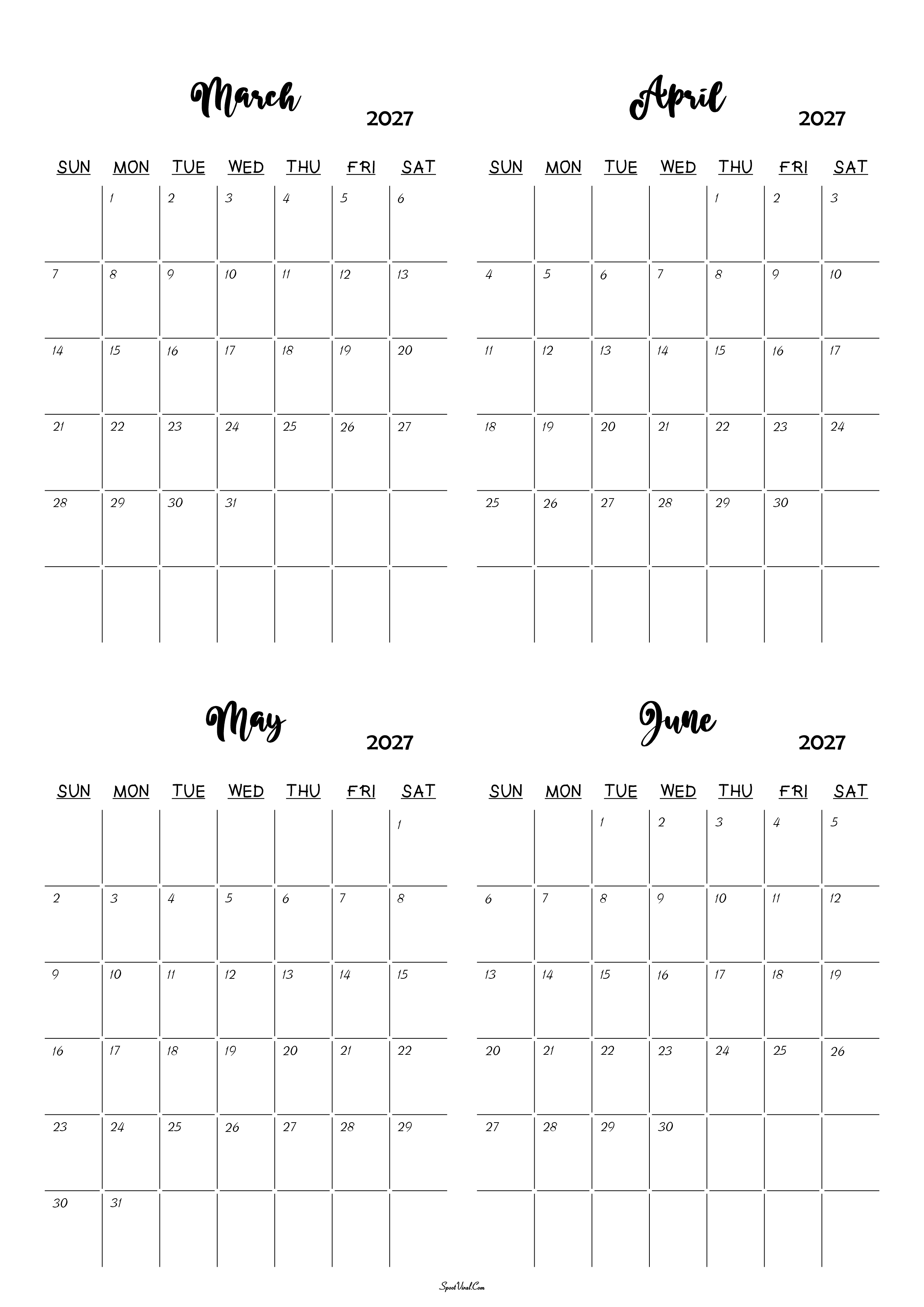 March to June 2027 Calendar