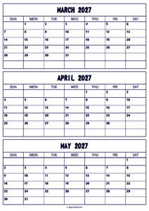 March to May 2027 Calendar