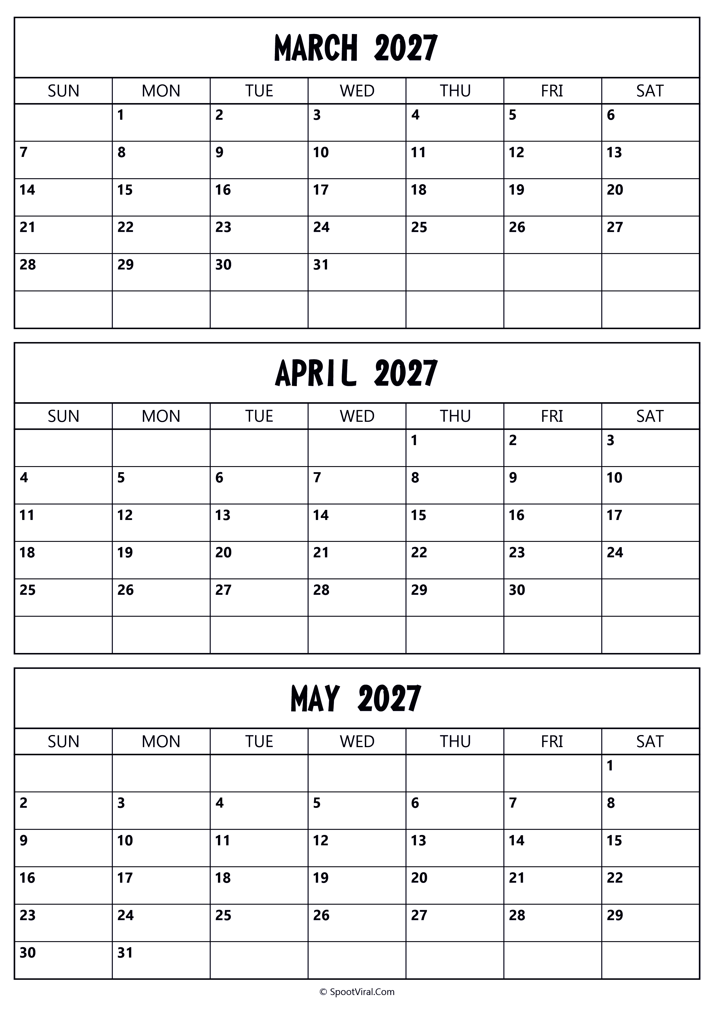 March to May 2027 Calendar