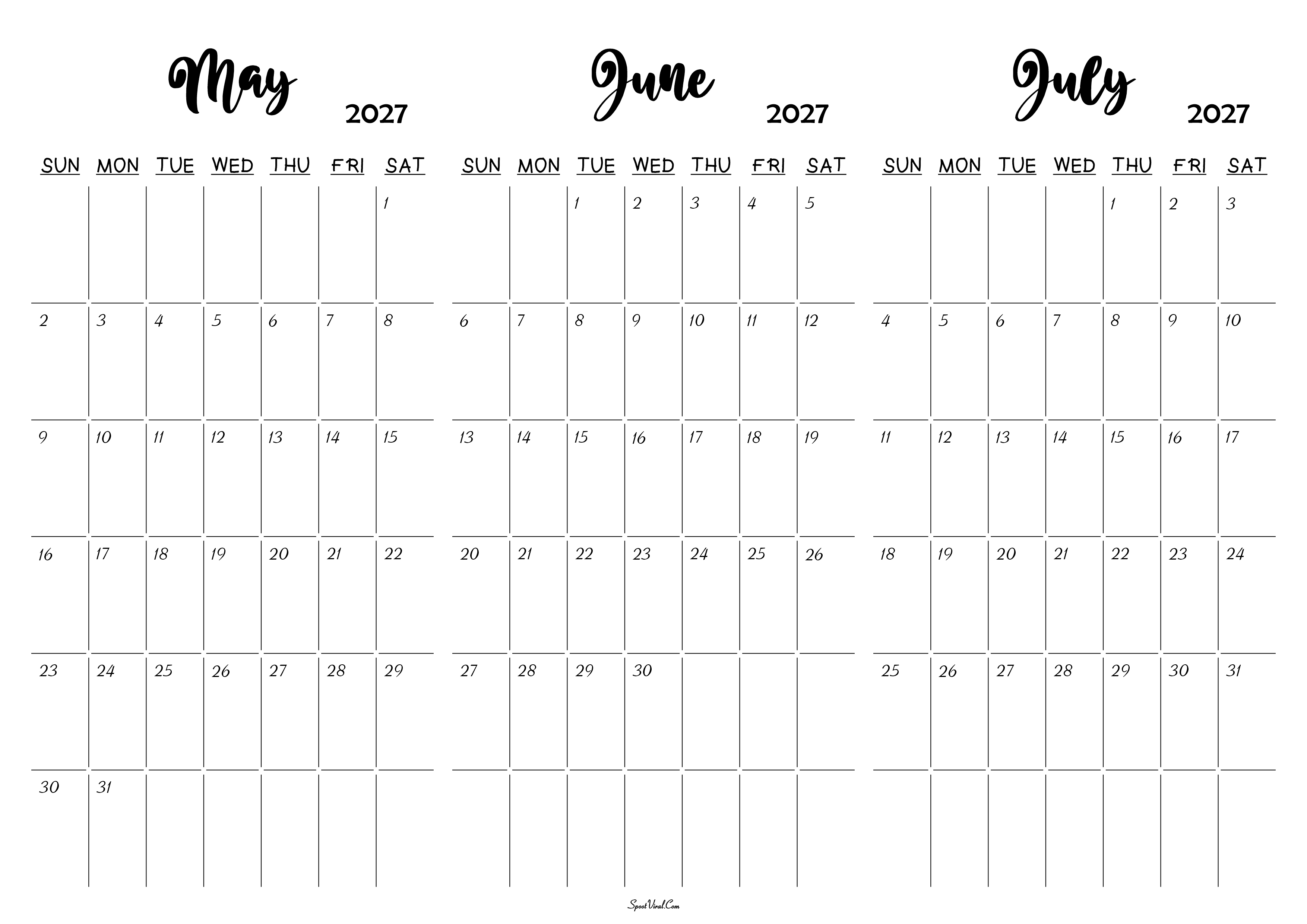 May June July 2027 Calendar