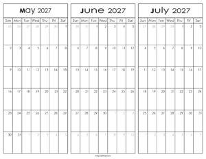 May June and July Calendar 2027