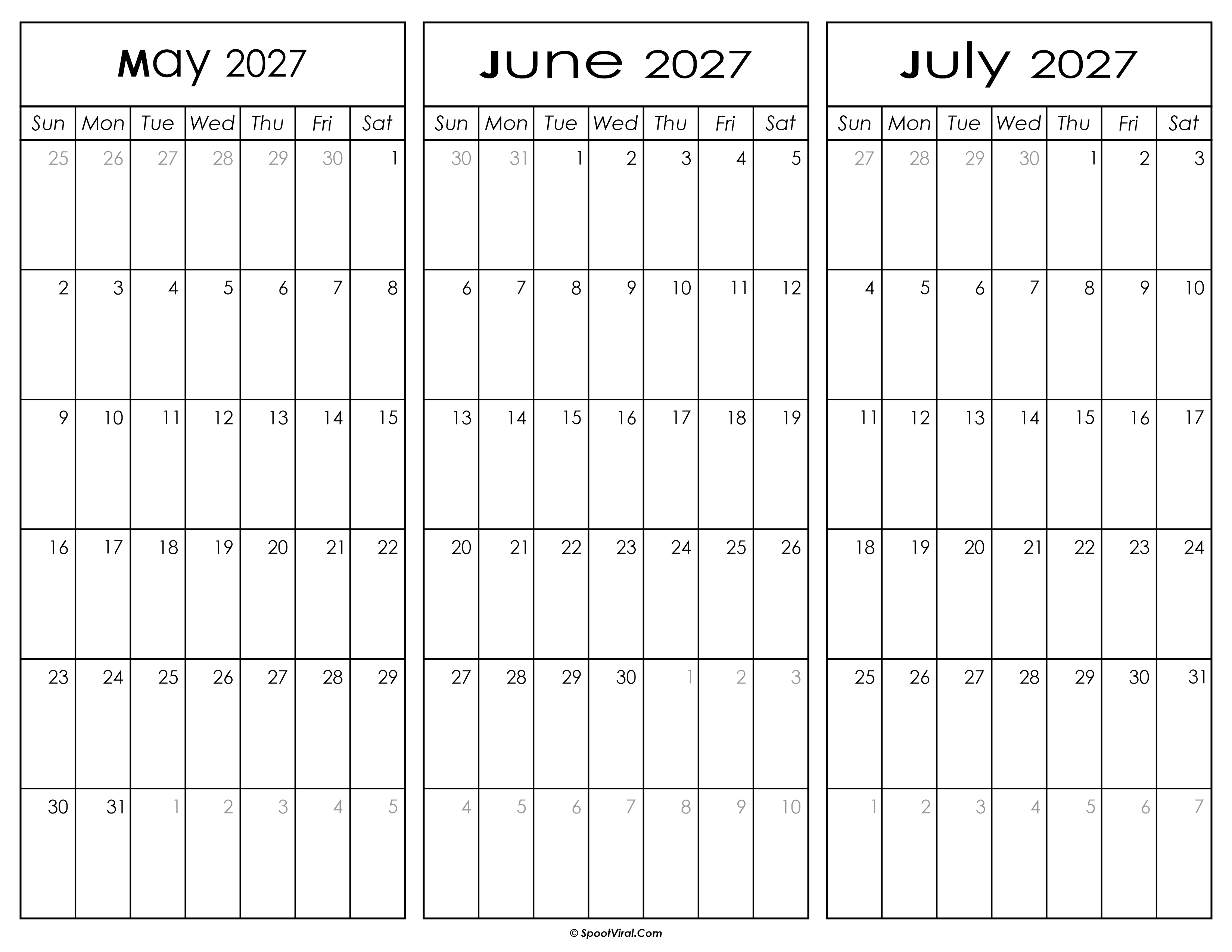 May June and July Calendar 2027