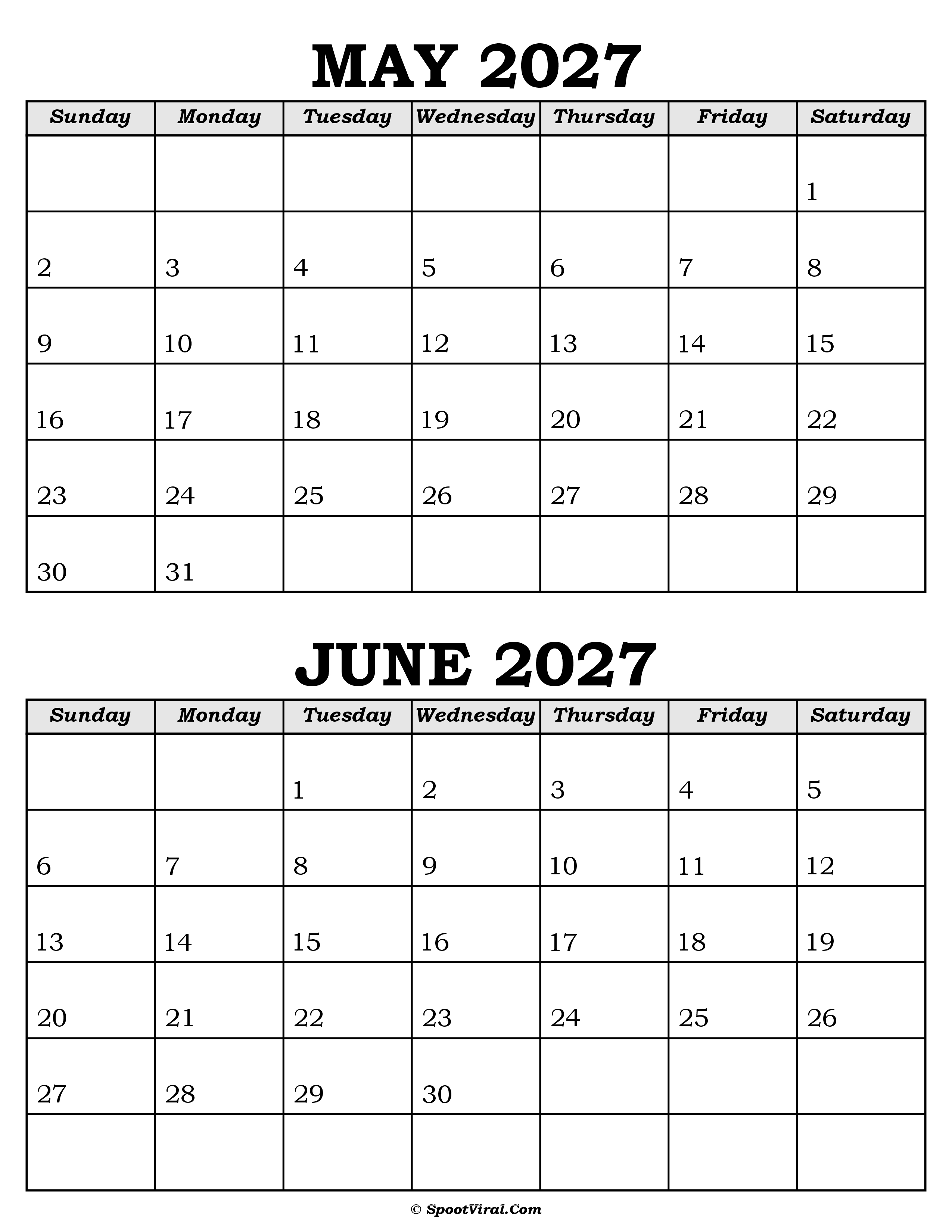 May and June Calendar 2027