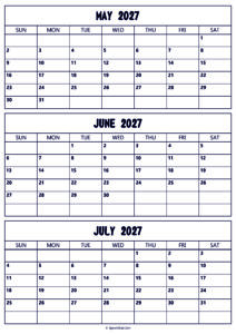 May to July 2027 Calendar