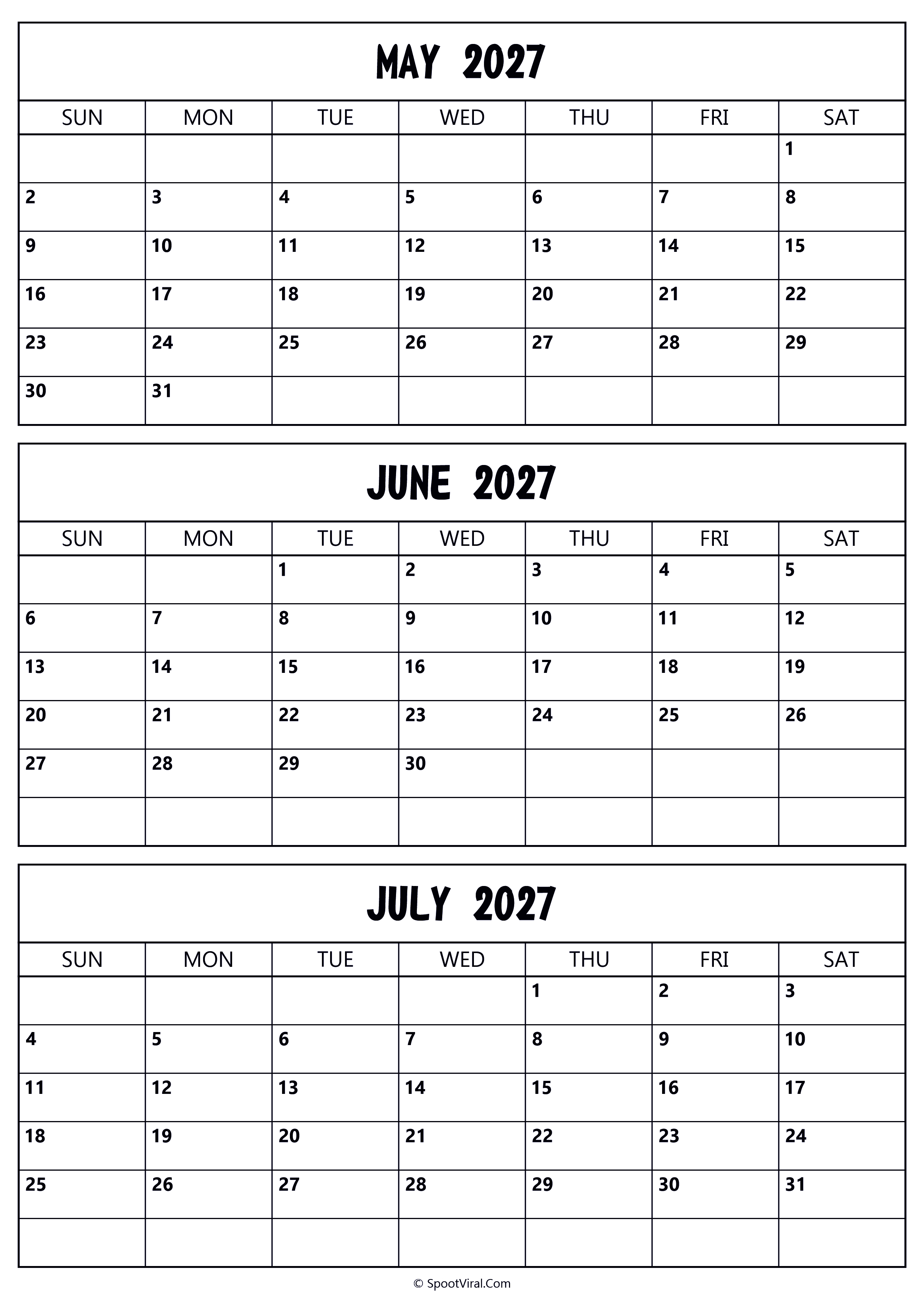 May to July 2027 Calendar