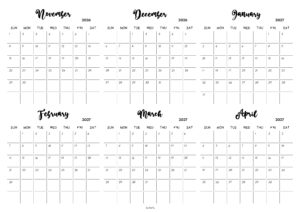 November 2026 to April 2027 Calendar