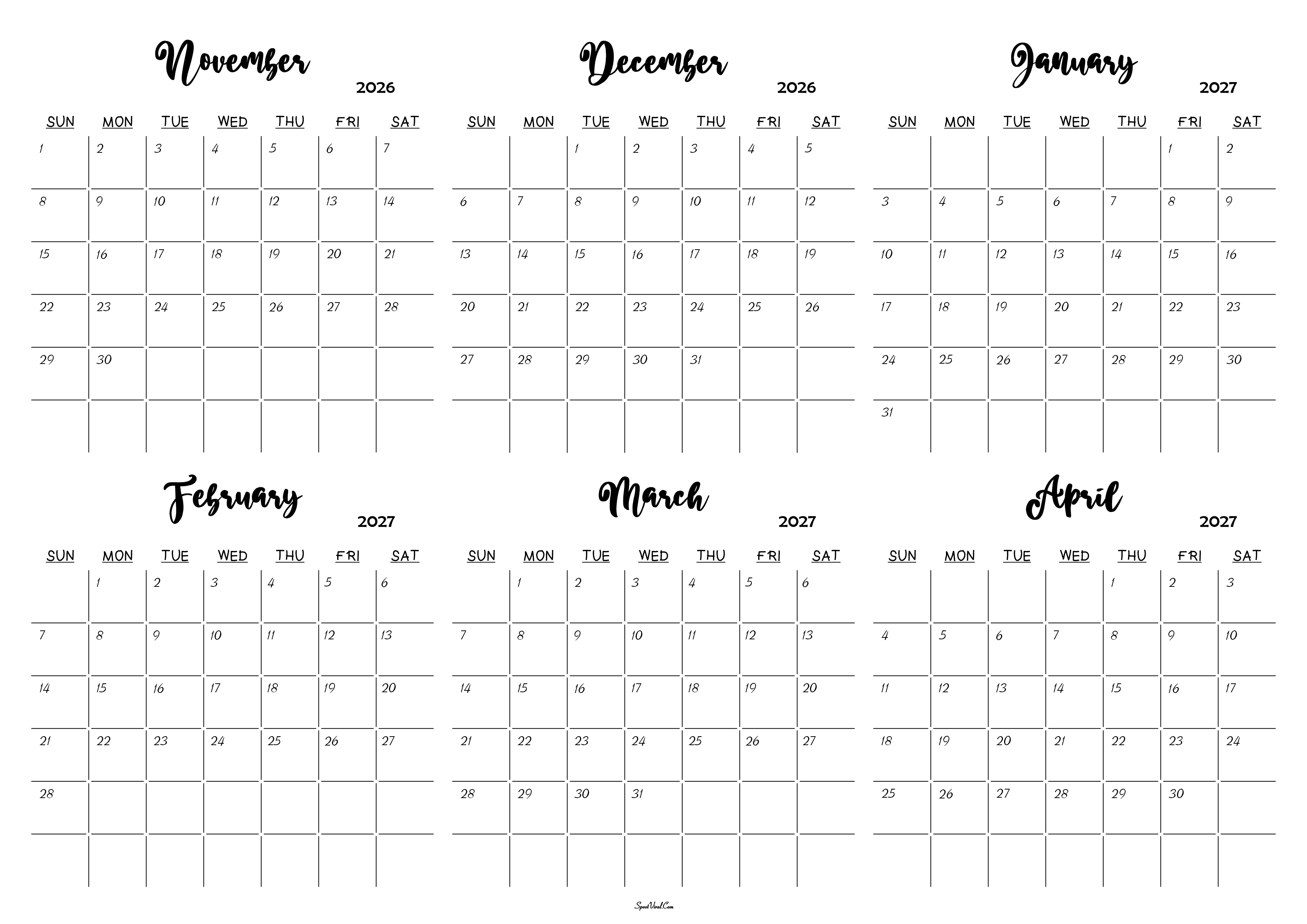 November 2026 to April 2027 Calendar