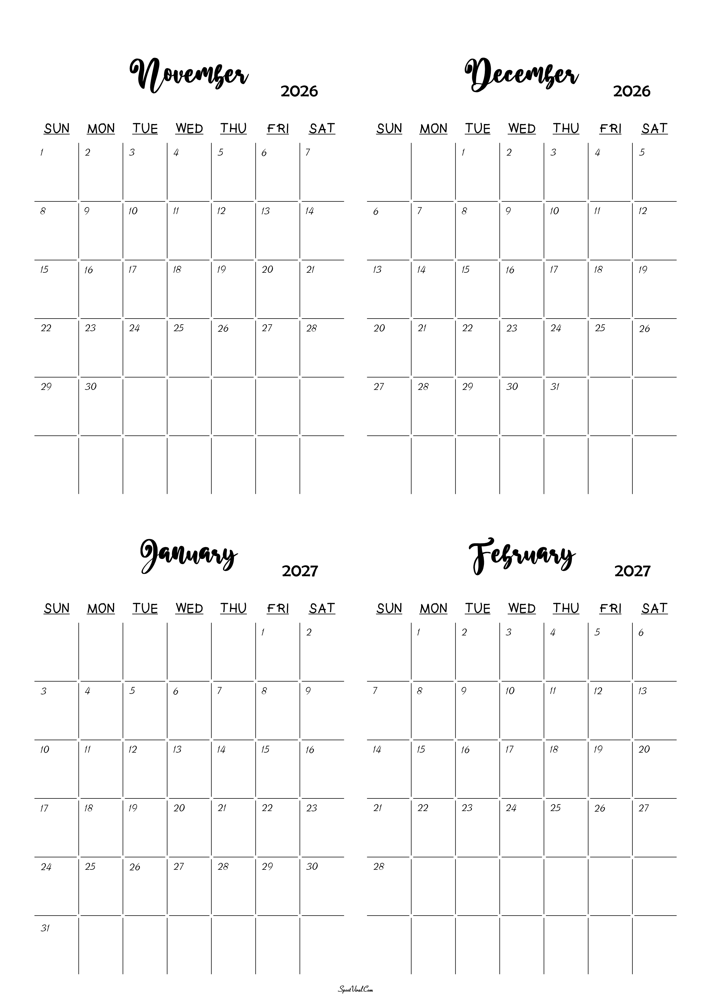 November 2026 to February 2027 Calendar