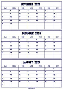 November 2026 to January 2027 Calendar
