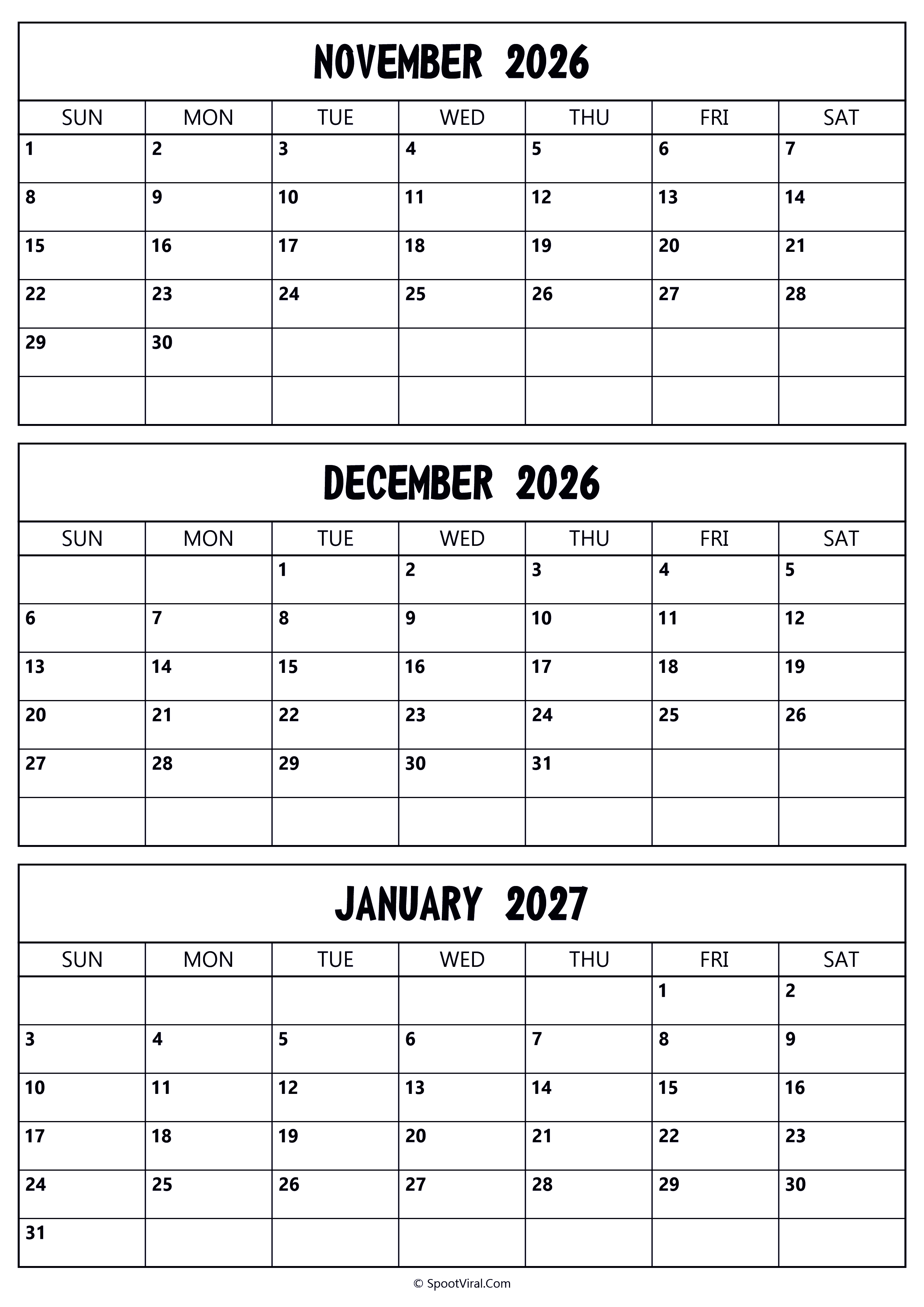November 2026 to January 2027 Calendar