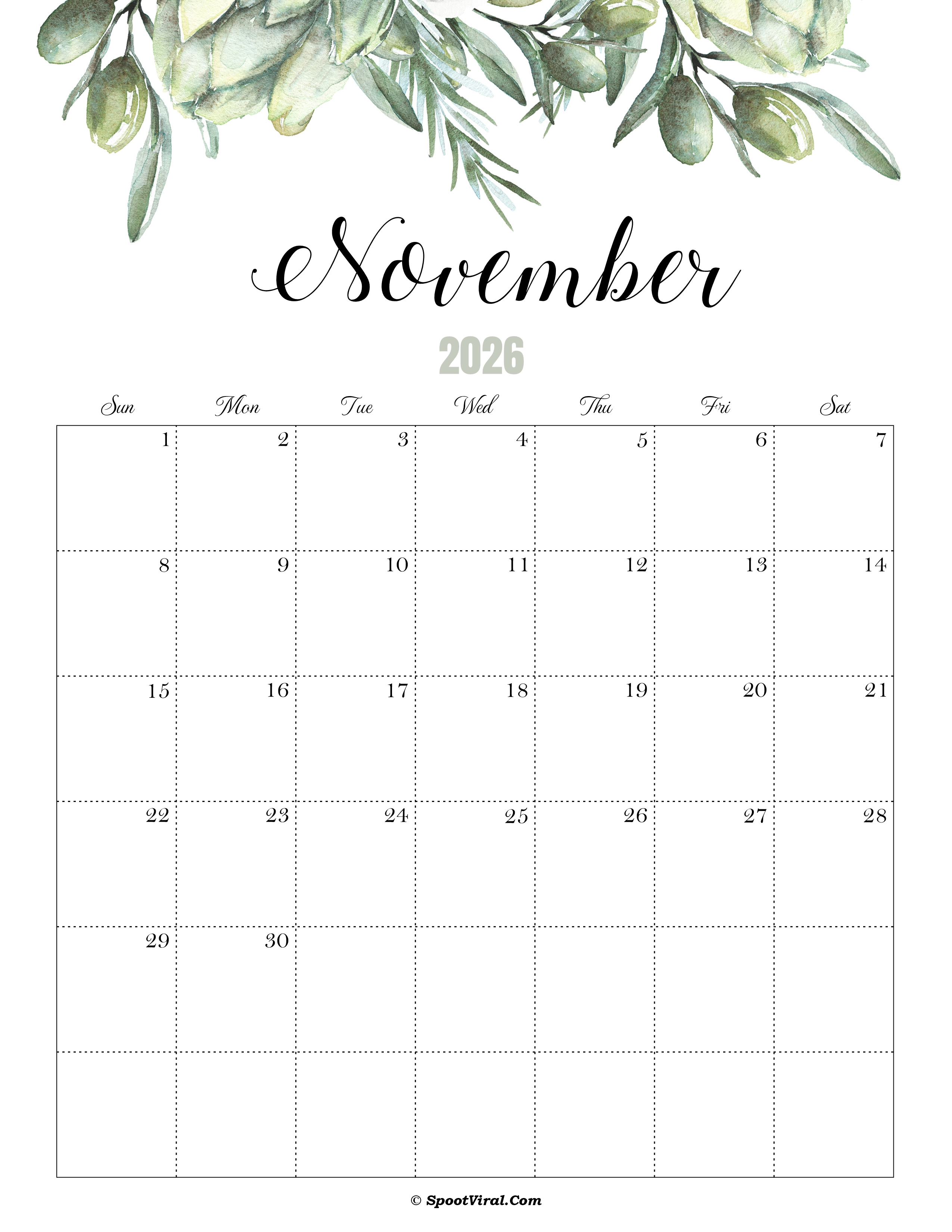 November Calendar 2026 Cute