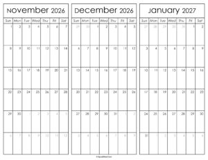 November December 2026 and January 2027 Calendar