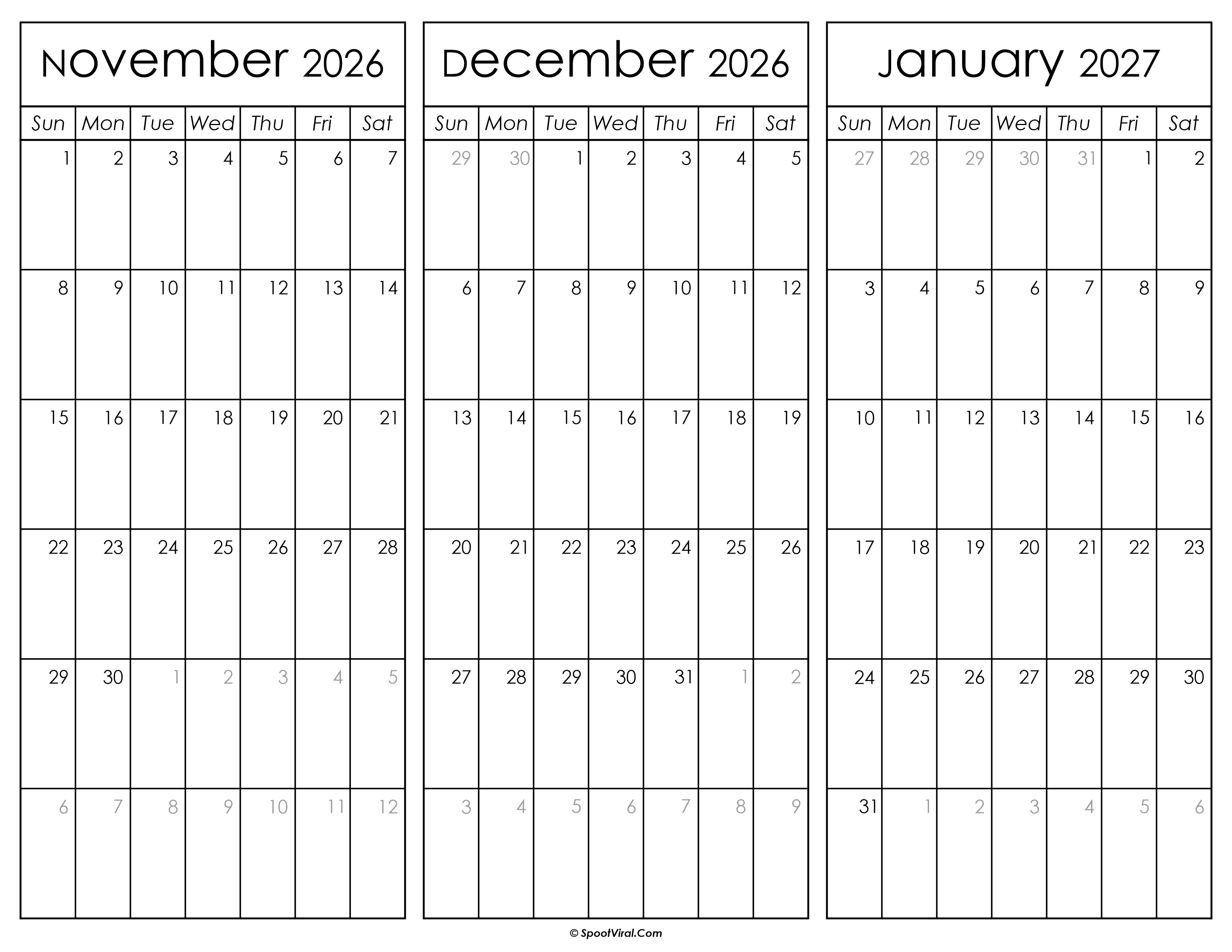 November December 2026 and January 2027 Calendar