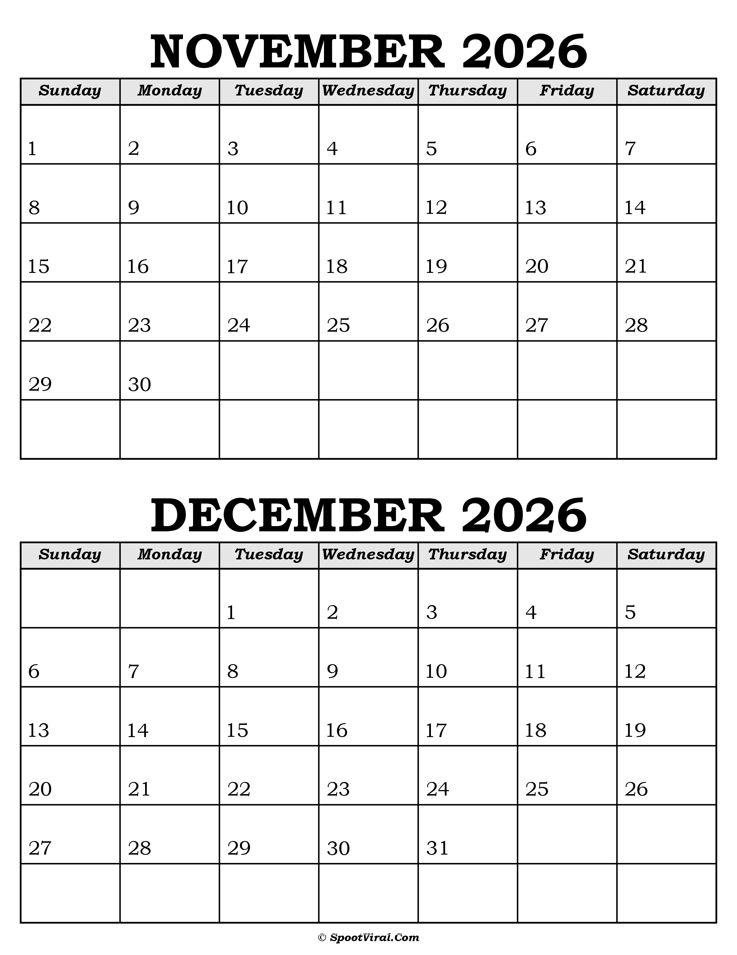 November and December Calendar 2026