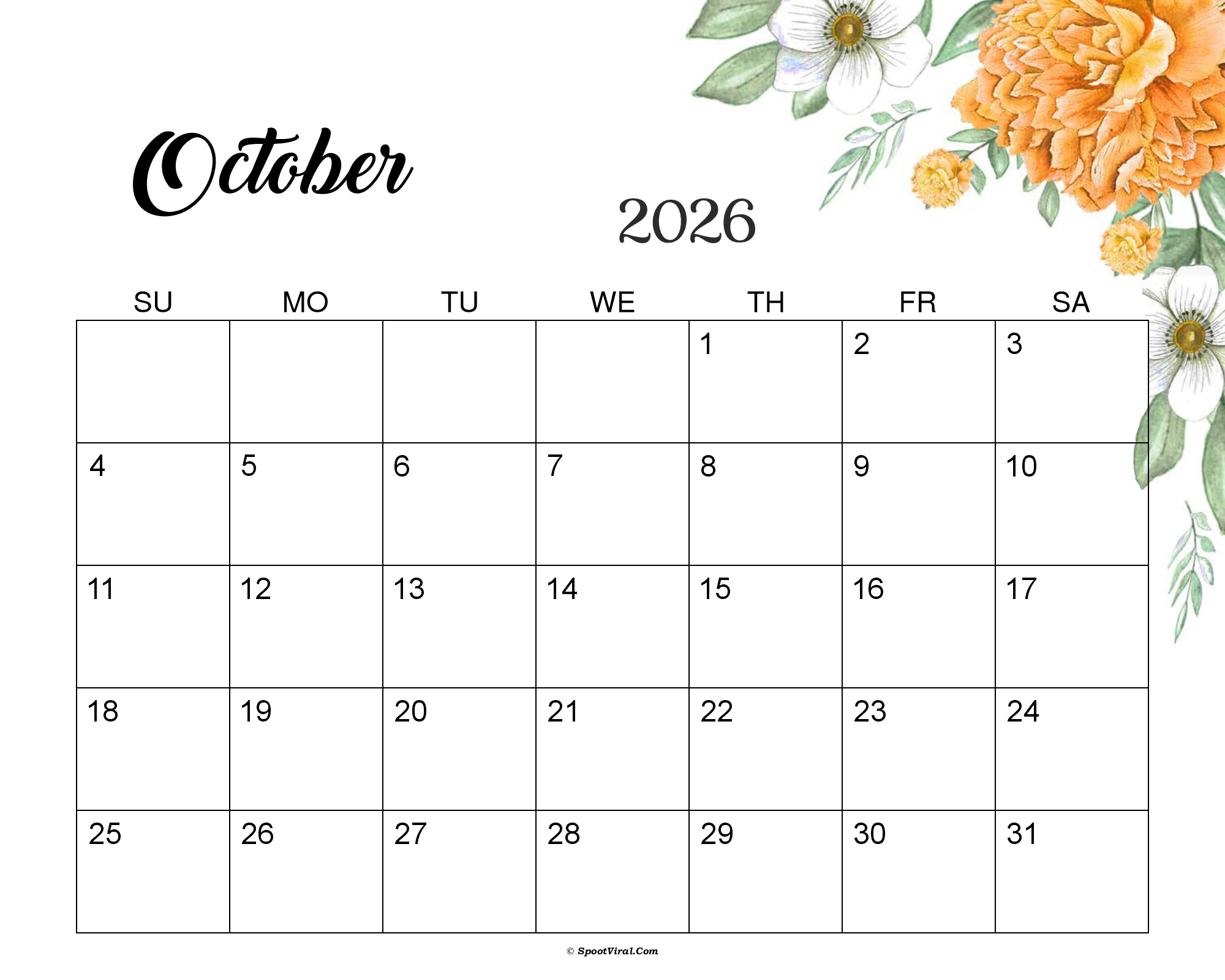 October 2026 Calendar Cute
