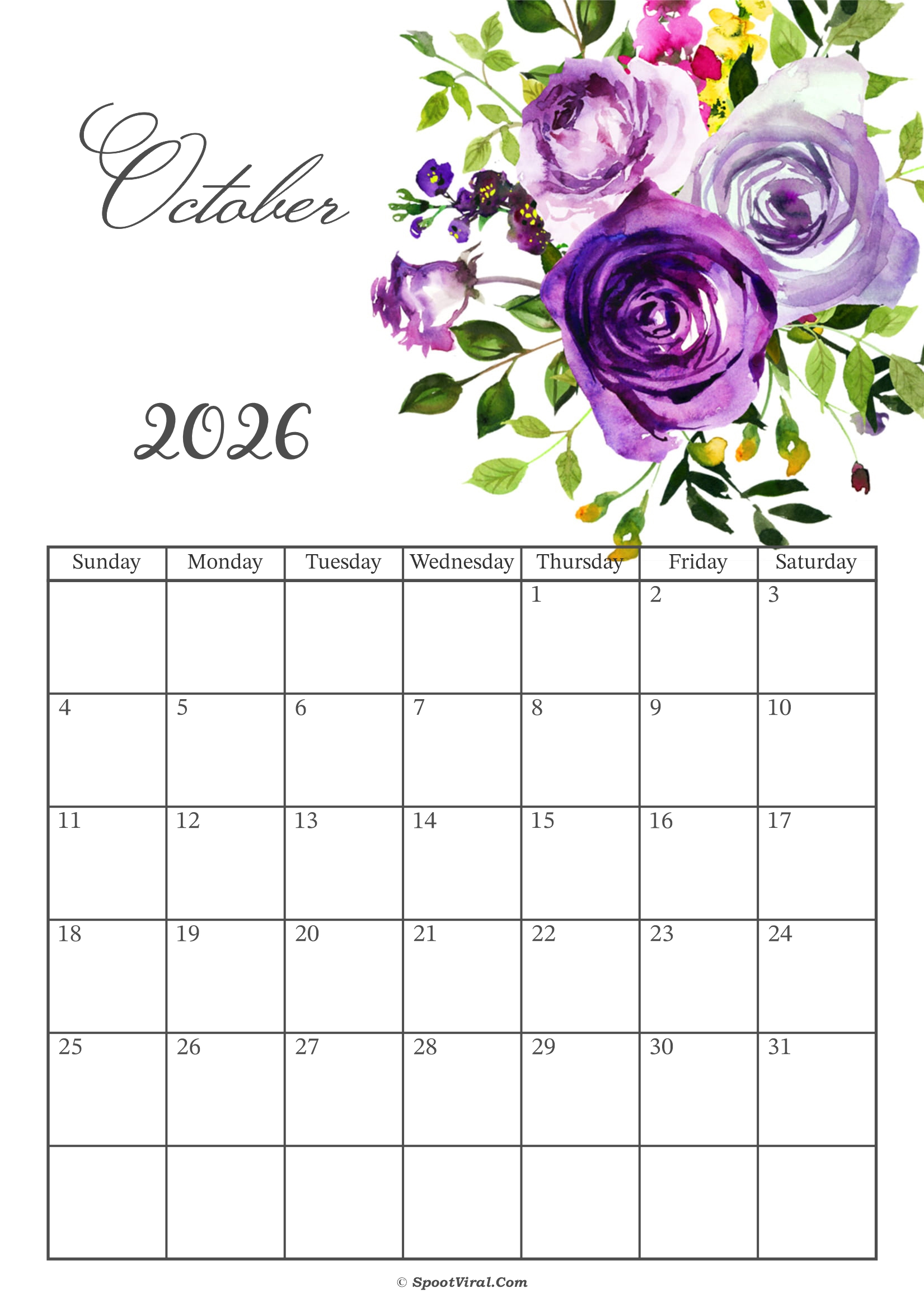 October 2026 Calendar Floral