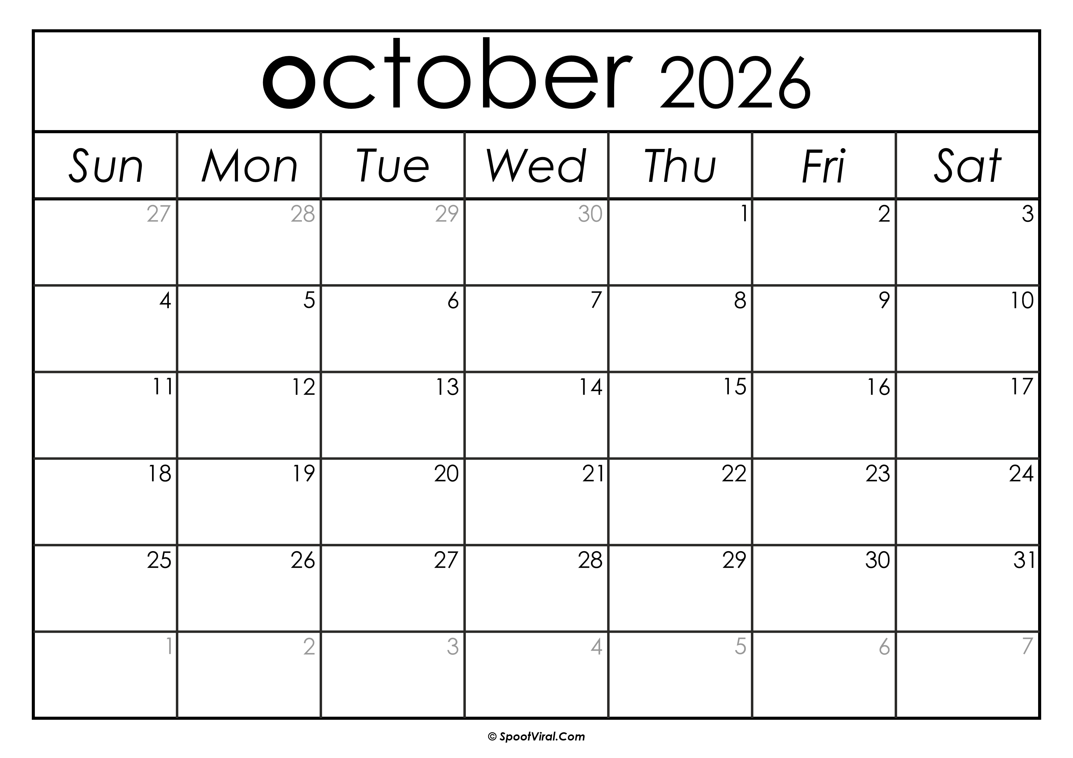 October 2026 Calendar Printable