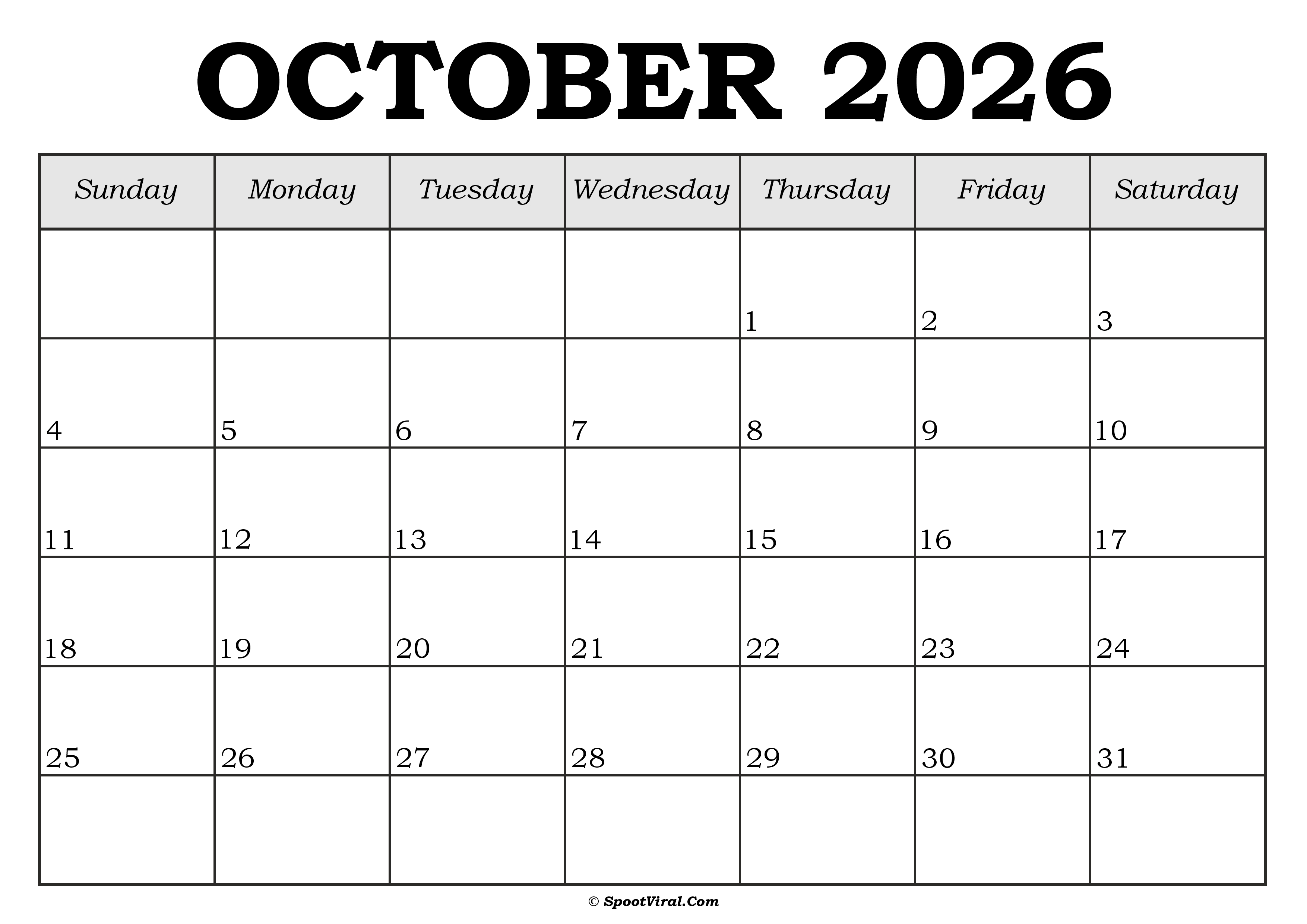 October 2026 Calendar Template