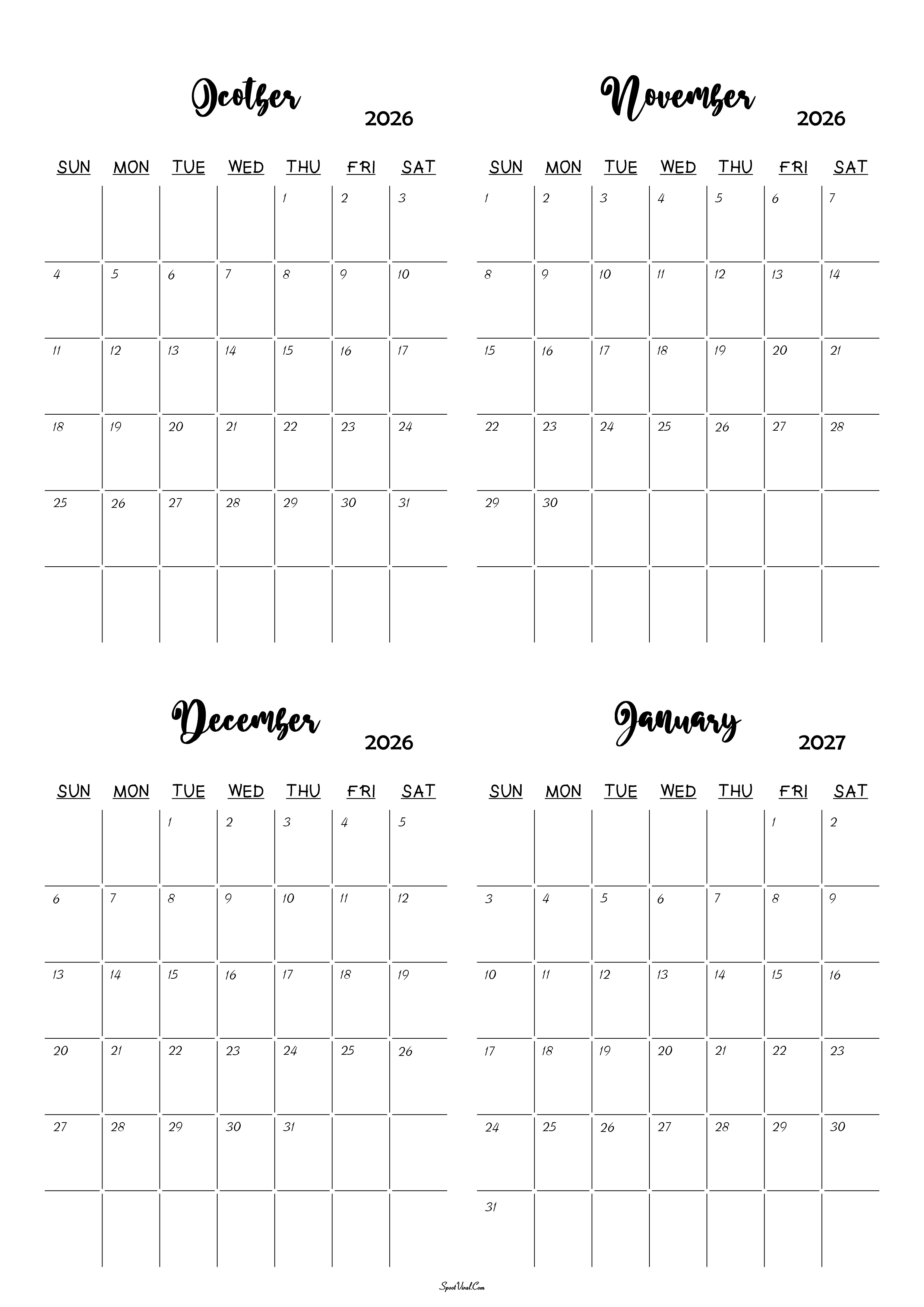 October 2026 to January 2027 Calendar