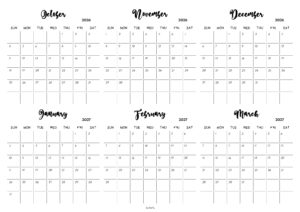 October 2026 to March 2027 Calendar