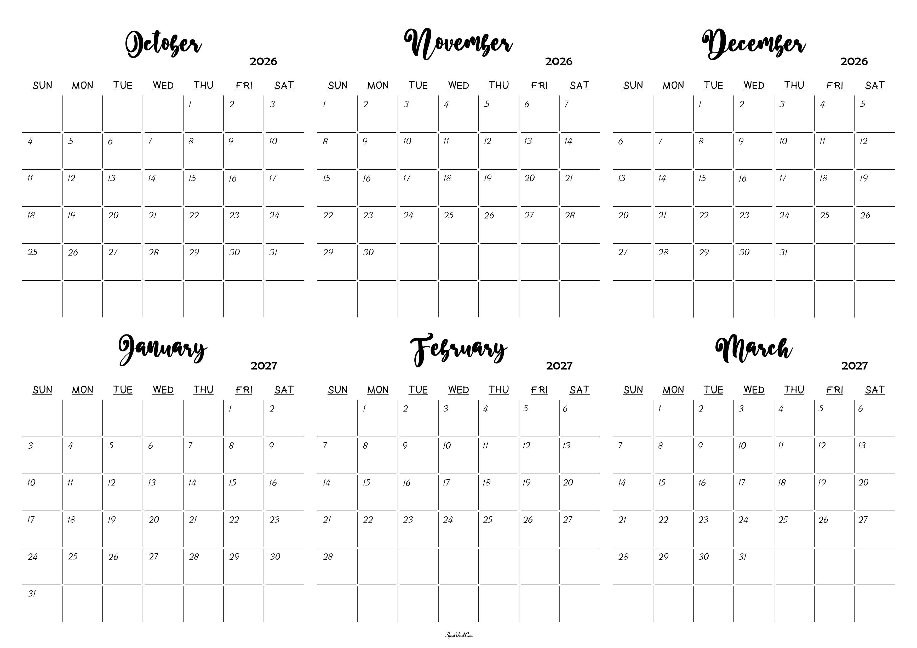 October 2026 to March 2027 Calendar