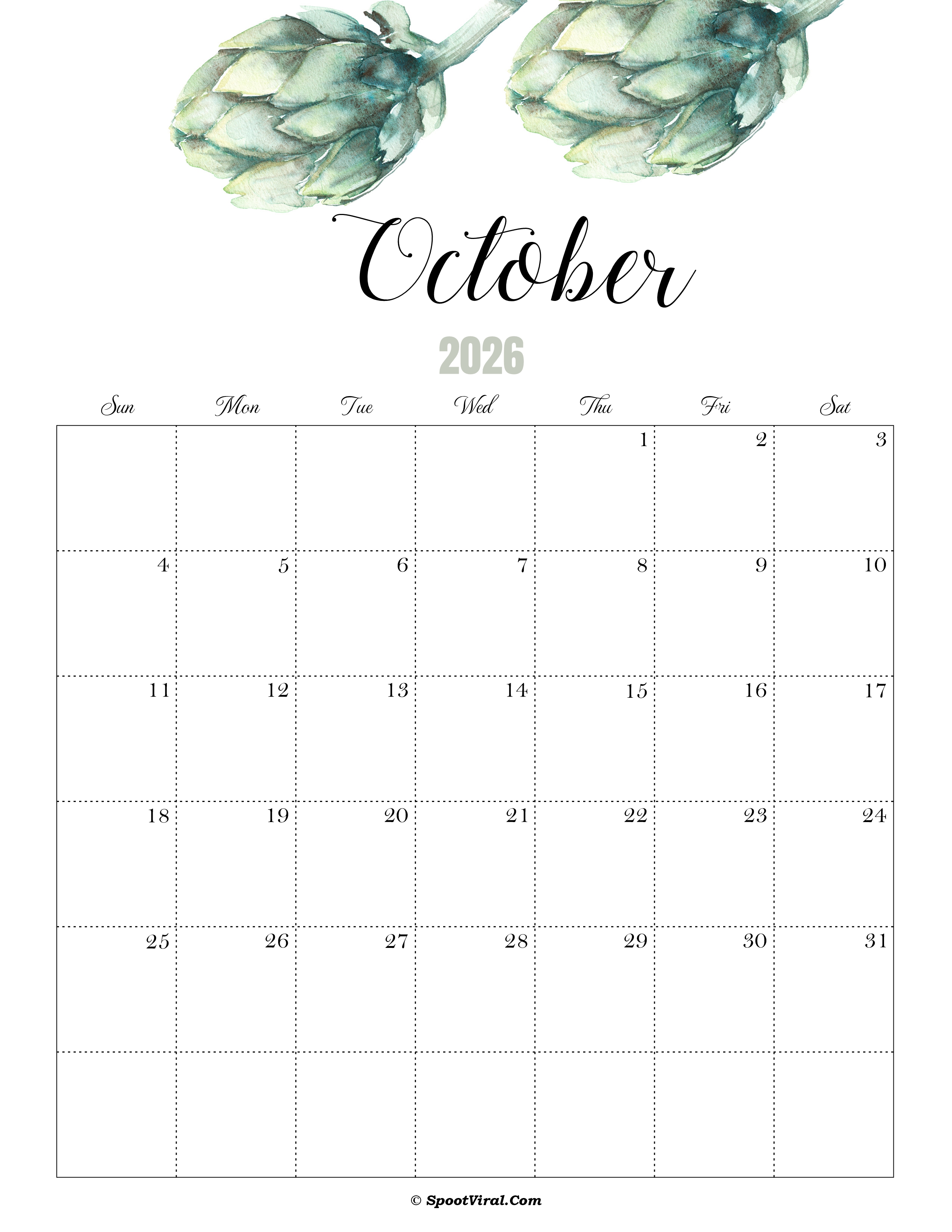 October Calendar 2026 Cute