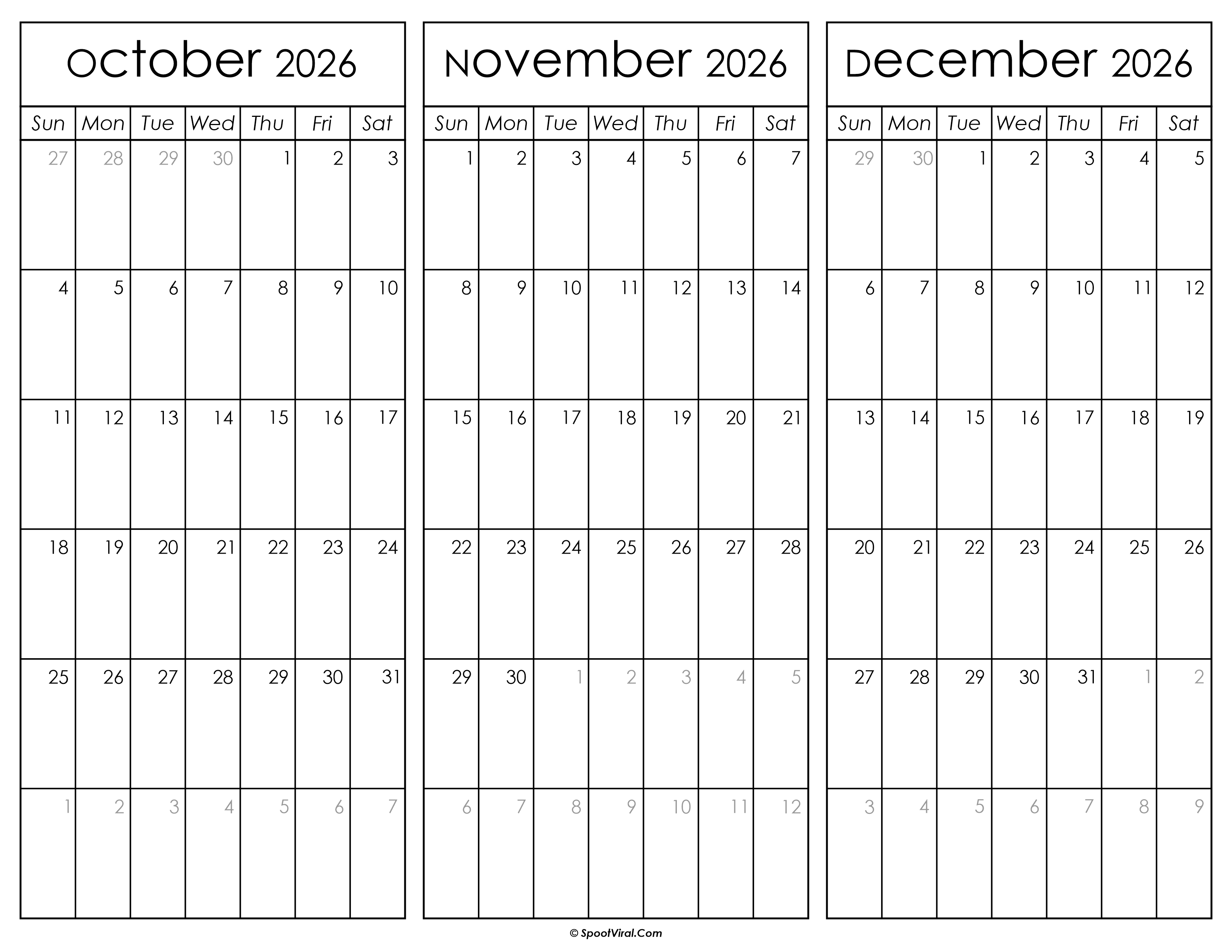 October November and December Calendar 2026