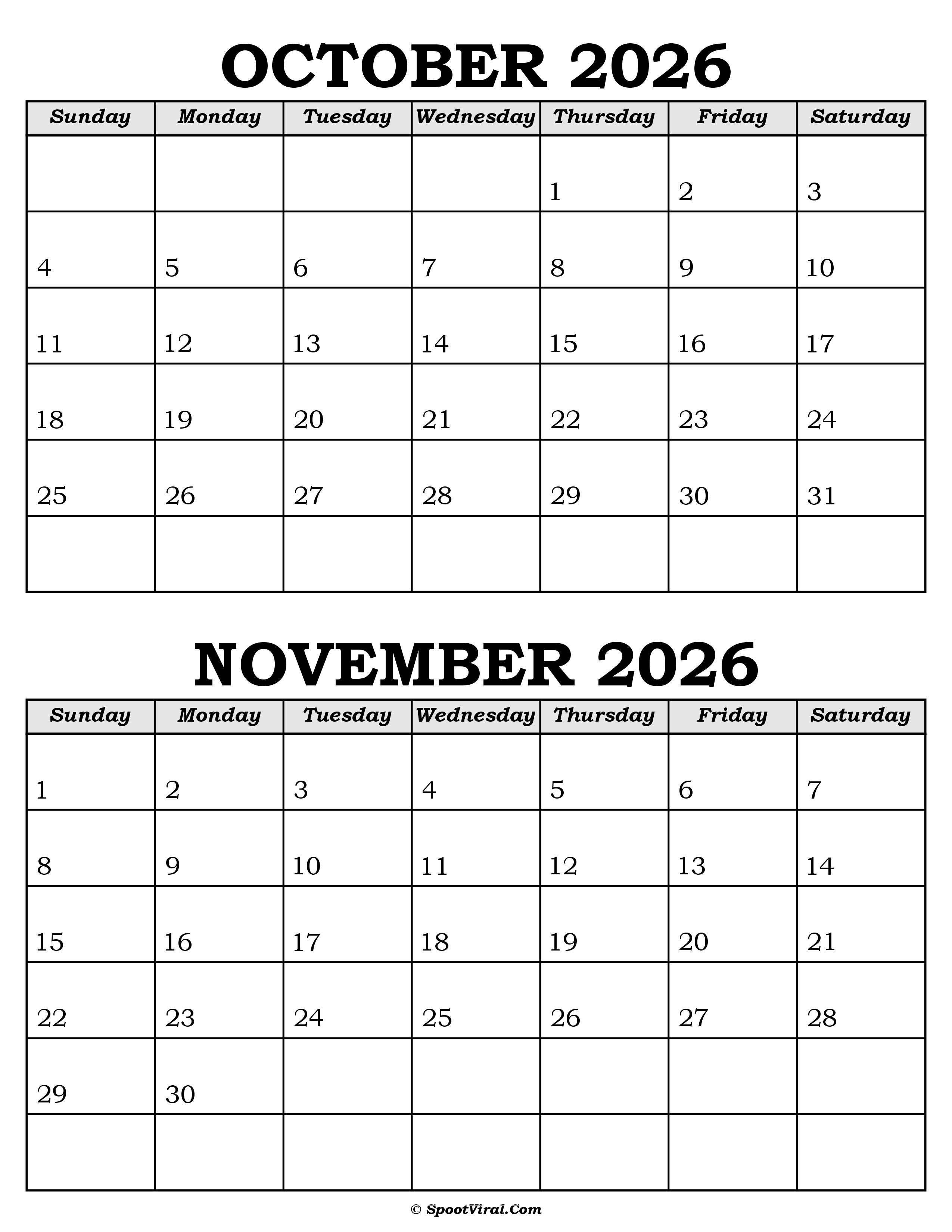 October and November Calendar 2026