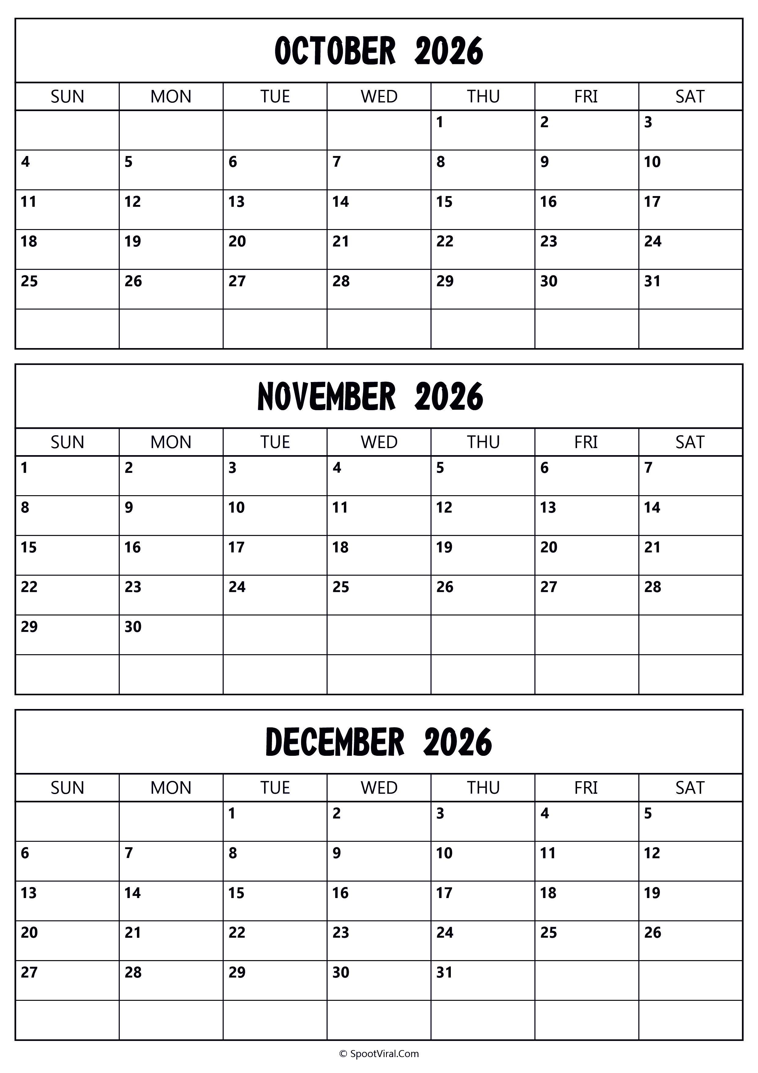 October to December 2026 Calendar