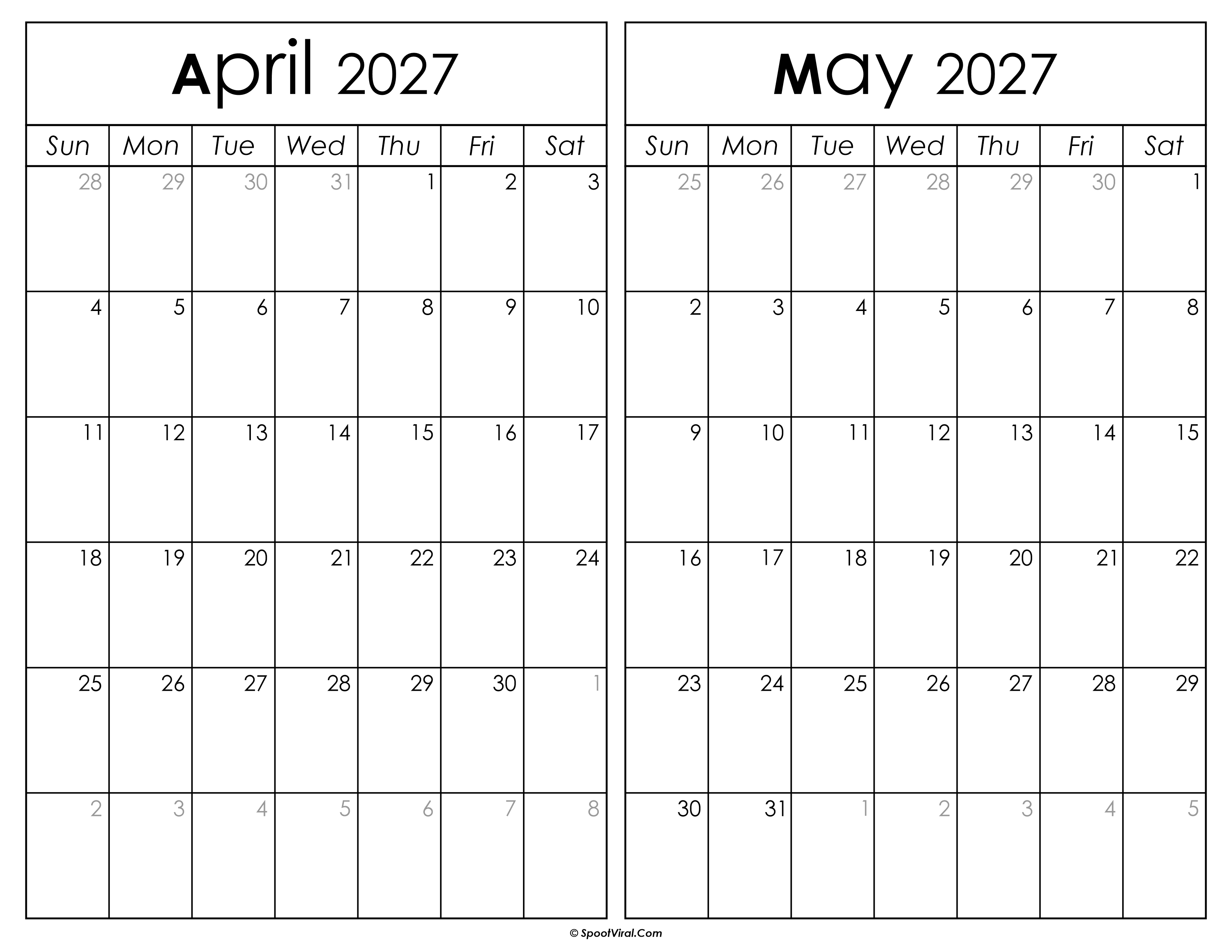 Printable April May 2027 Calendar