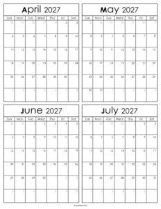 Printable April to July 2027 Calendars