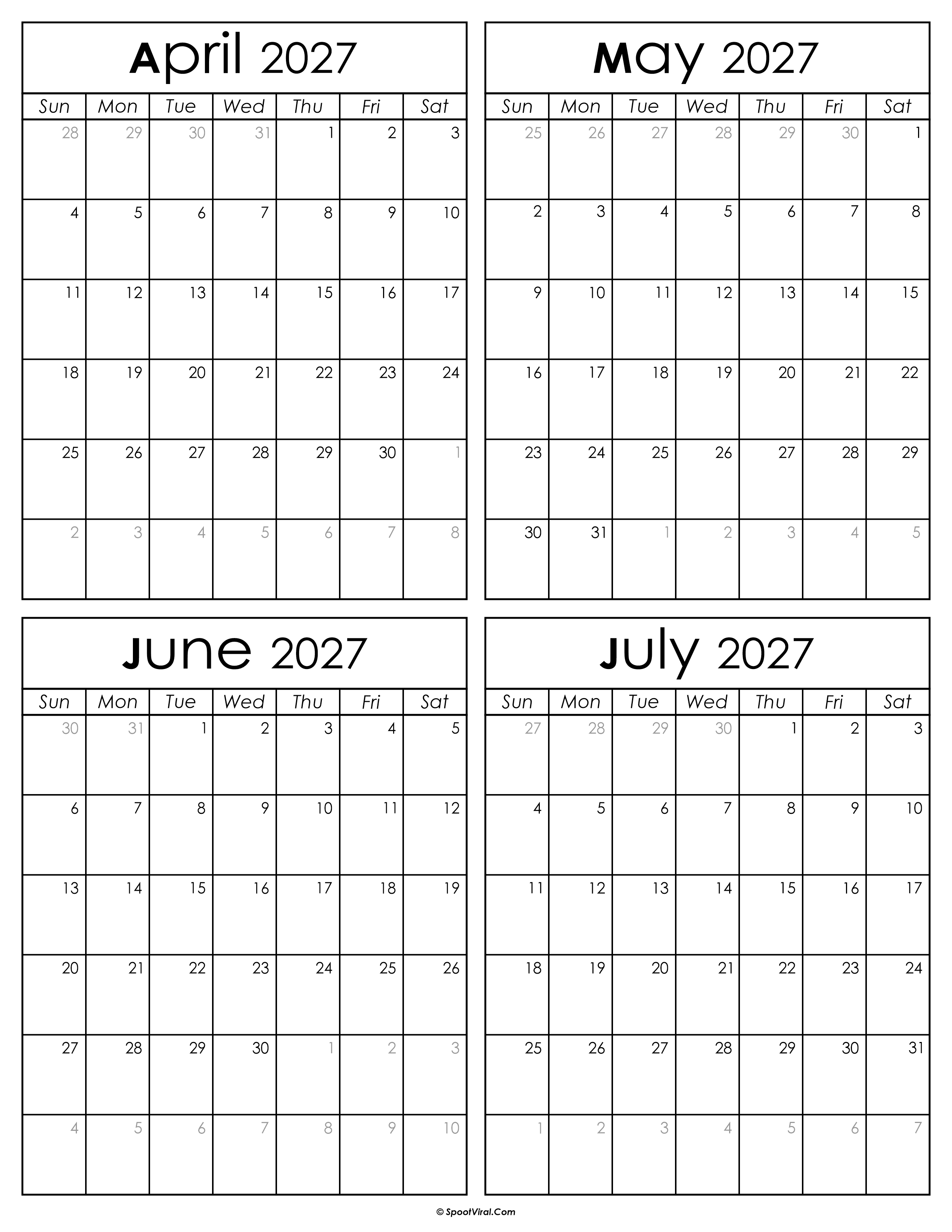 Printable April to July 2027 Calendars