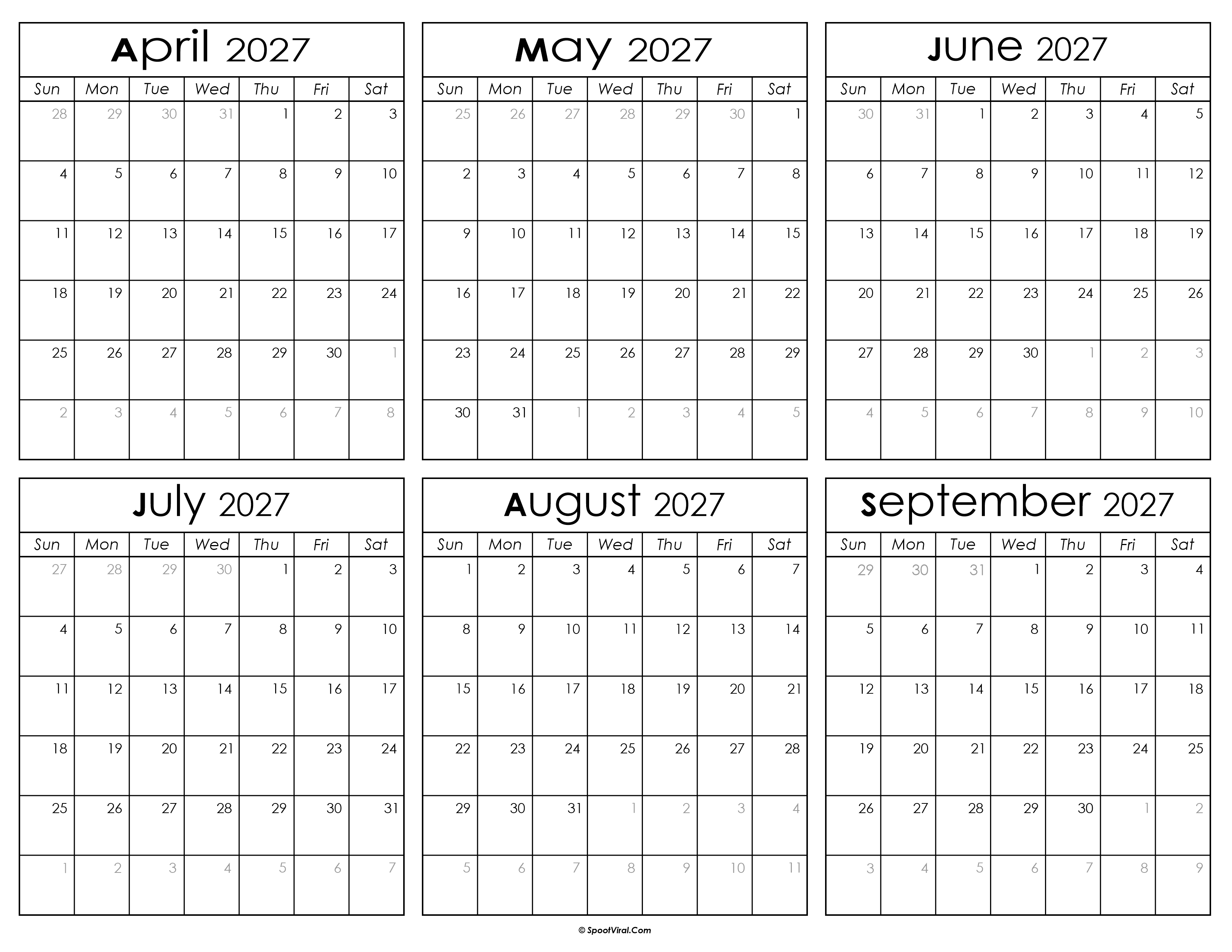 Printable April to September Calendar 2027