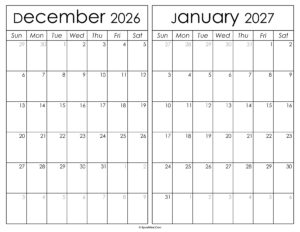 Printable December 2026 January 2027 Calendar