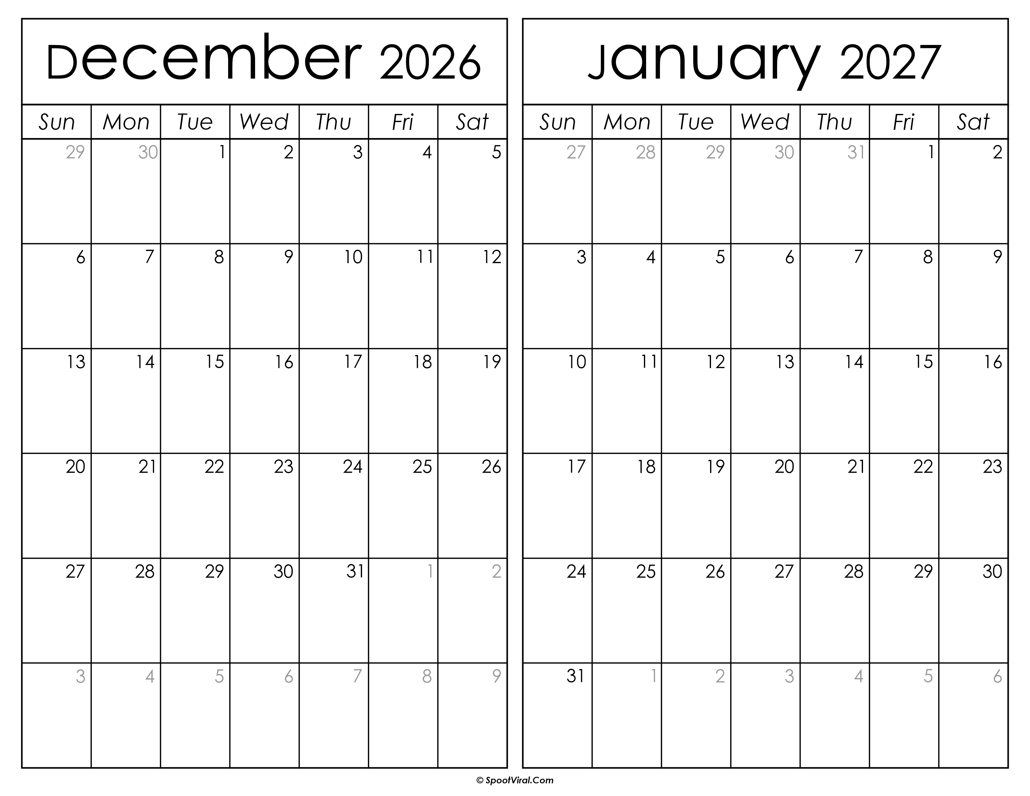 Printable December 2026 January 2027 Calendar