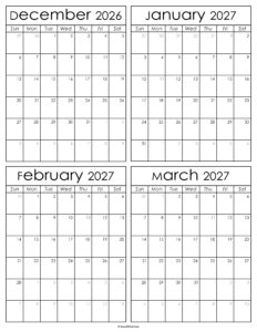 Printable December 2026 to March 2027 Calendars