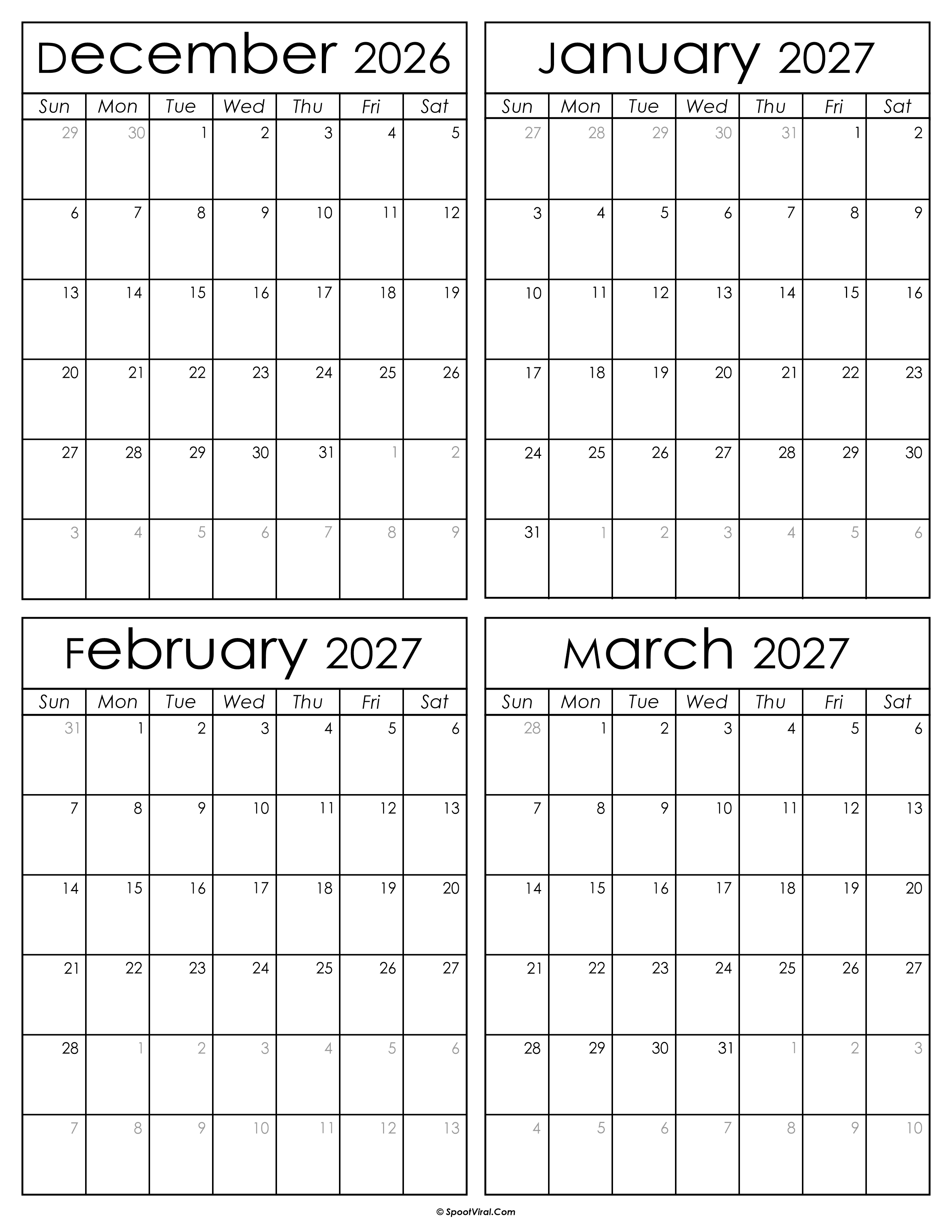 Printable December 2026 to March 2027 Calendars