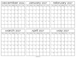 Printable December 2026 to May 2027 Calendar