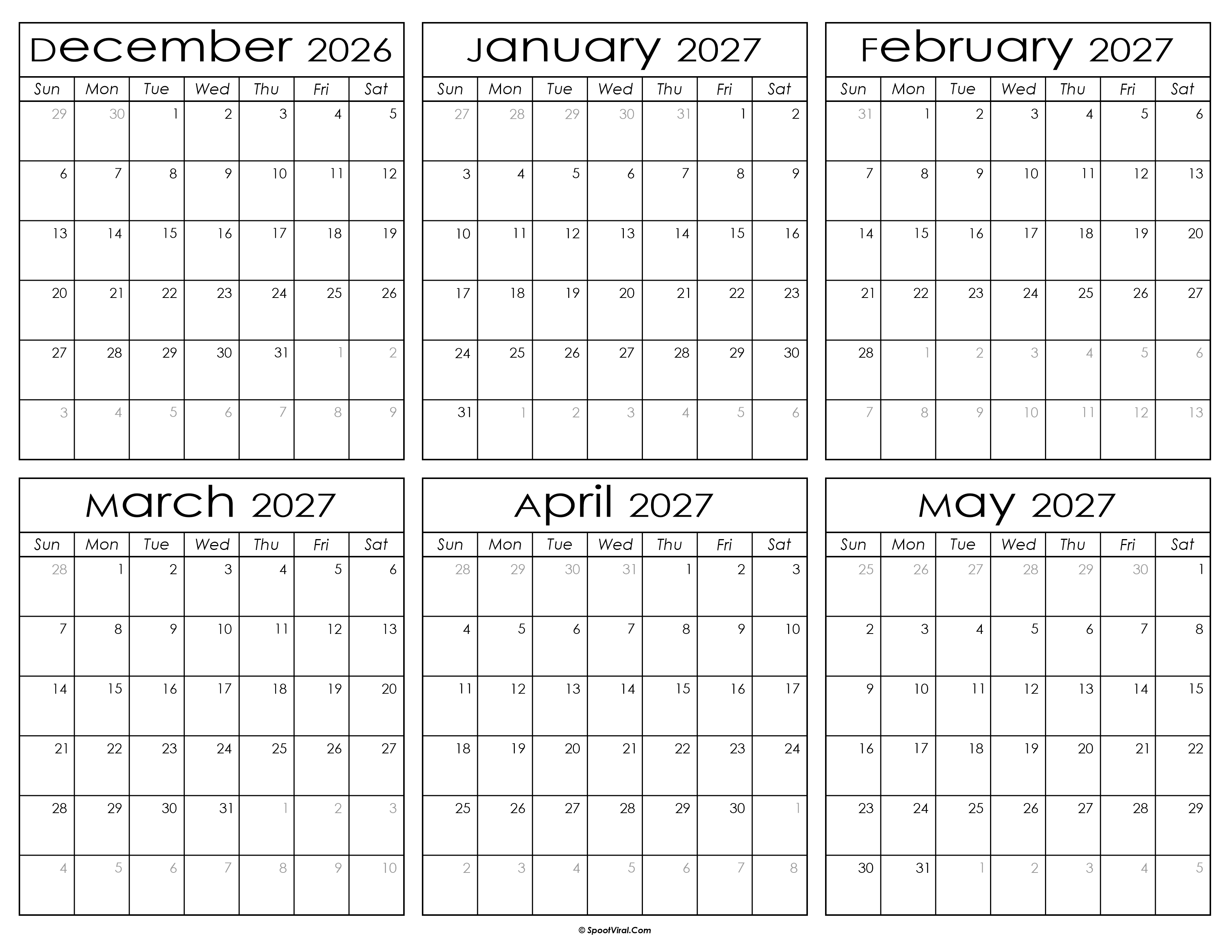 Printable December 2026 to May 2027 Calendar